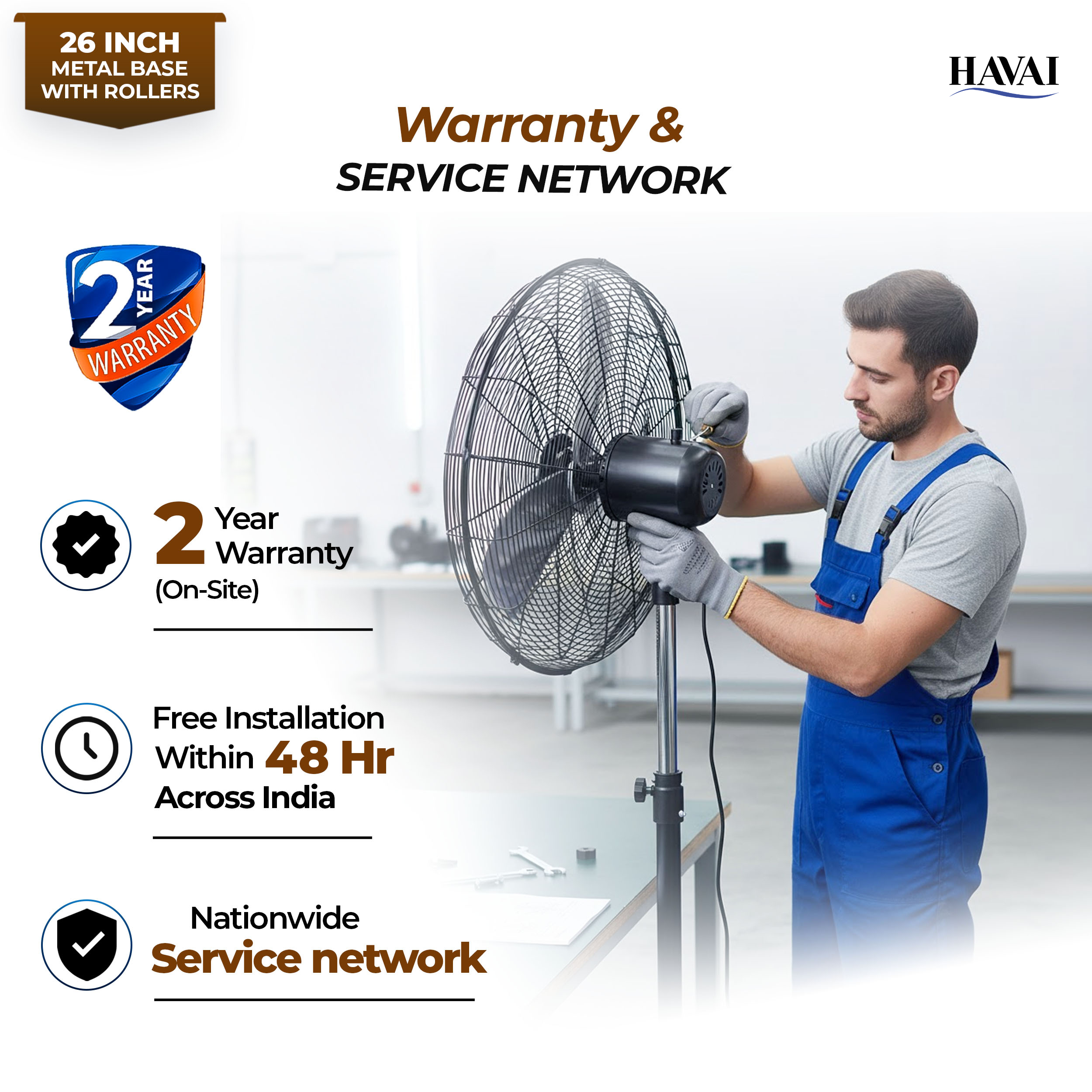 Havai 26-Inch Commercial BLDC Pedestal Fan (30–130W) | 2mm Aluminium Blades | Heavy-Duty Metal Base with 4 Lockable Industrial Wheels | Fingerproof Grill | High Airflow | 2-Year On-Site Warranty