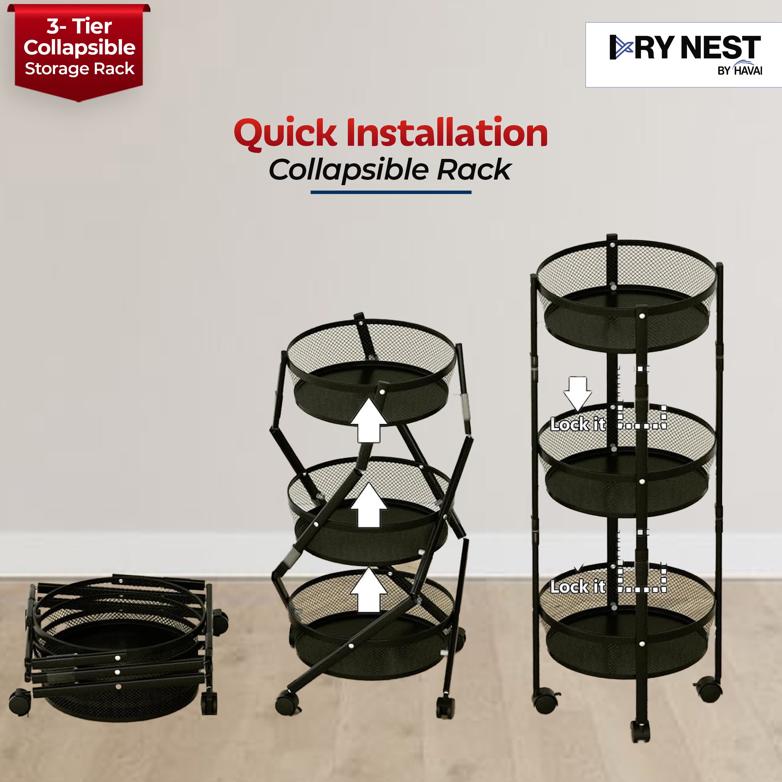 HAVAI 3 Tier Collapsible Storage Rack Trolley | Portable Mesh Basket Organizer with Wheels | Foldable Kitchen, Bathroom & Bedroom Utility Cart for Home – Black