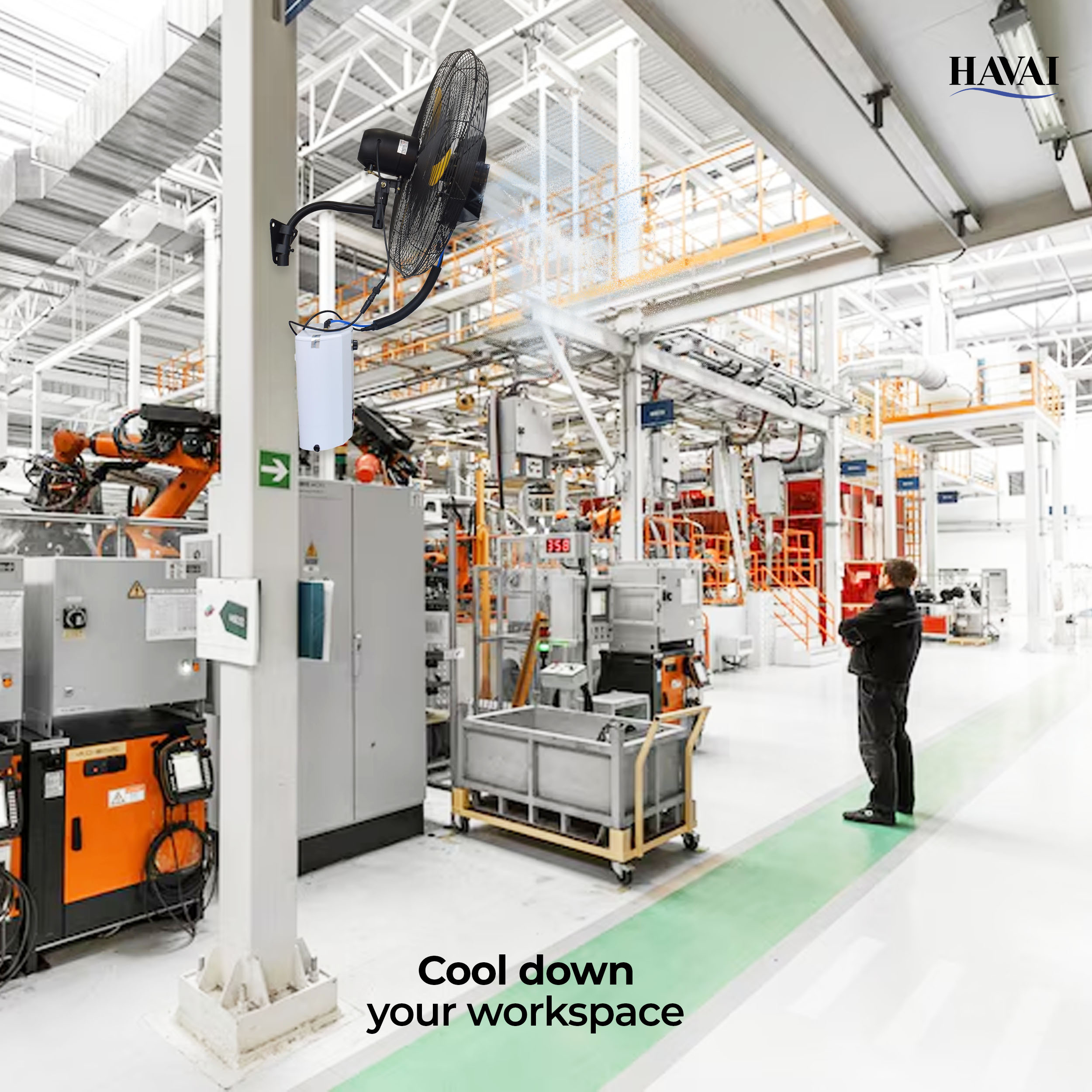 Havai 26" BLDC Wall-Mount Mist Fan – 450 Sq. Ft. Coverage, 12L Tank, 1300-9000 M³/Hr Airflow, 4-Speed Control, Yellow & Black, 2-Year Warranty