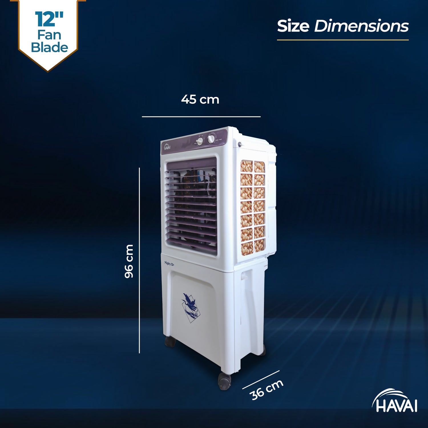 HAVAI Mighty 12+ | 12-Inch Personal Air Cooler | 36L Tank | 3-Side Honeycomb | Auto Swing | 3-Speed | 2400 RPM Motor | Vibrant Color | 200 Sq. Ft. Coverage