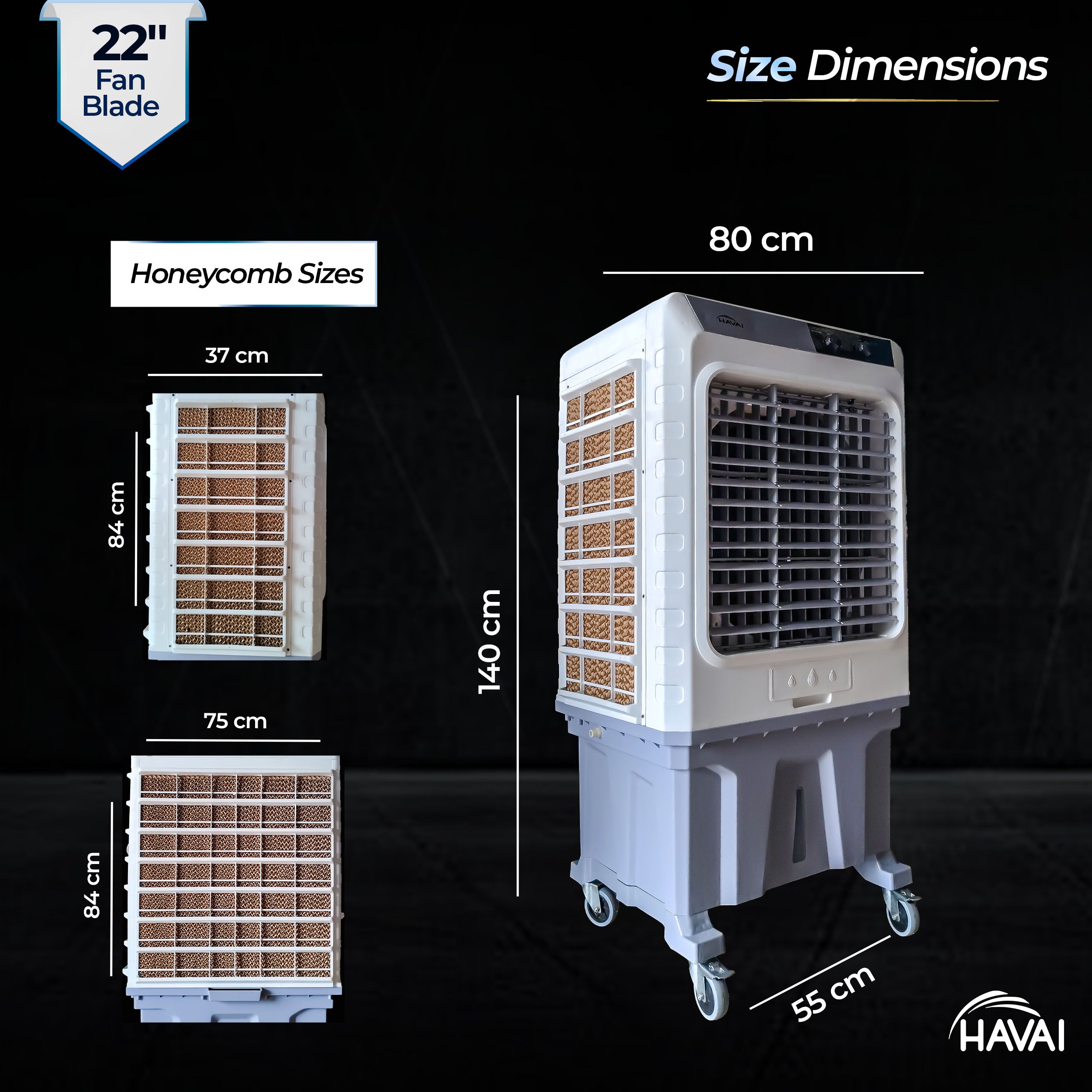 HAVAI Cyclone 24 Desert Air Cooler | 24" Fan Blade | 150L Tank Capacity | 400W High-Performance Cooling | 750 Sq. Ft. Coverage | Auto Swing | Three Side Honeycomb Pads | Lockable Wheels | Grey