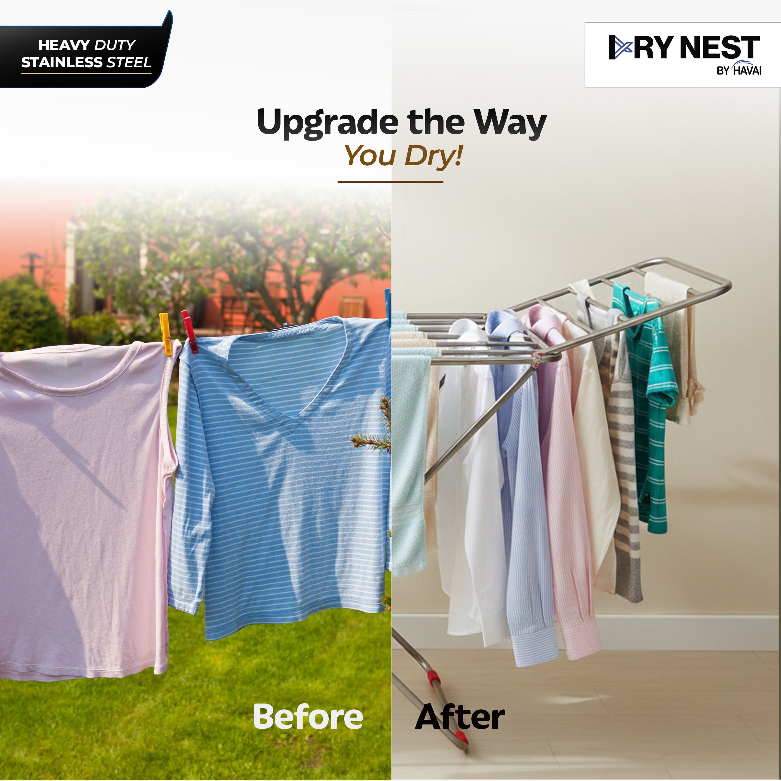 HAVAI DryNest 3.8 KG Heavy Duty Foldable Clothes Drying Stand | 20 Square Rust-Free Steel Rods | Strong Load Capacity | 3-Way Folding Laundry Airer | Space-Saving Indoor & Balcony Clothes Stand | 1-Year Warranty