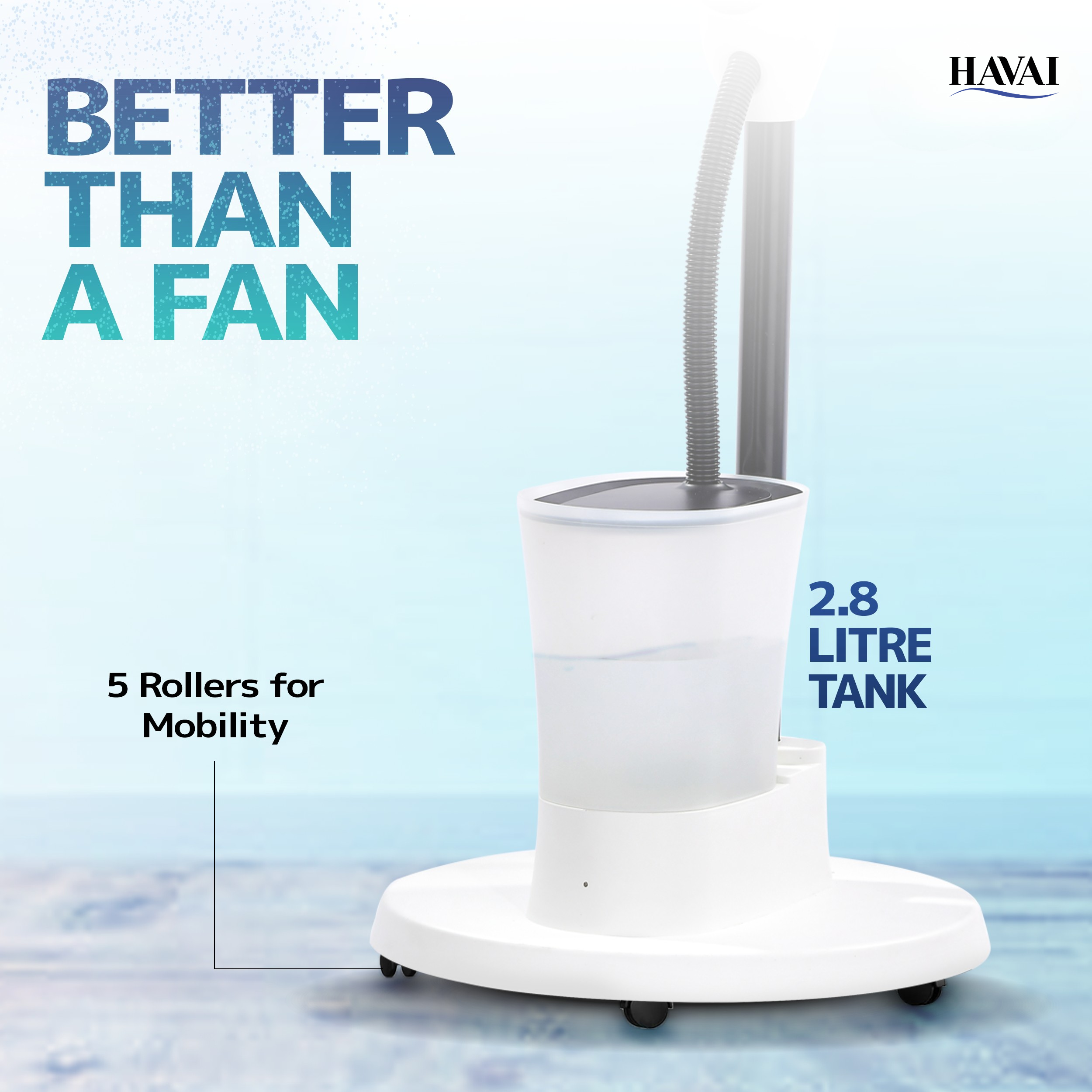 HAVAI Blu Mist Pedestal Fan – 16" Residential Mist Fan | Remote Control | 2.8 Litre Tank | Installation Included (White, Pack of 1)