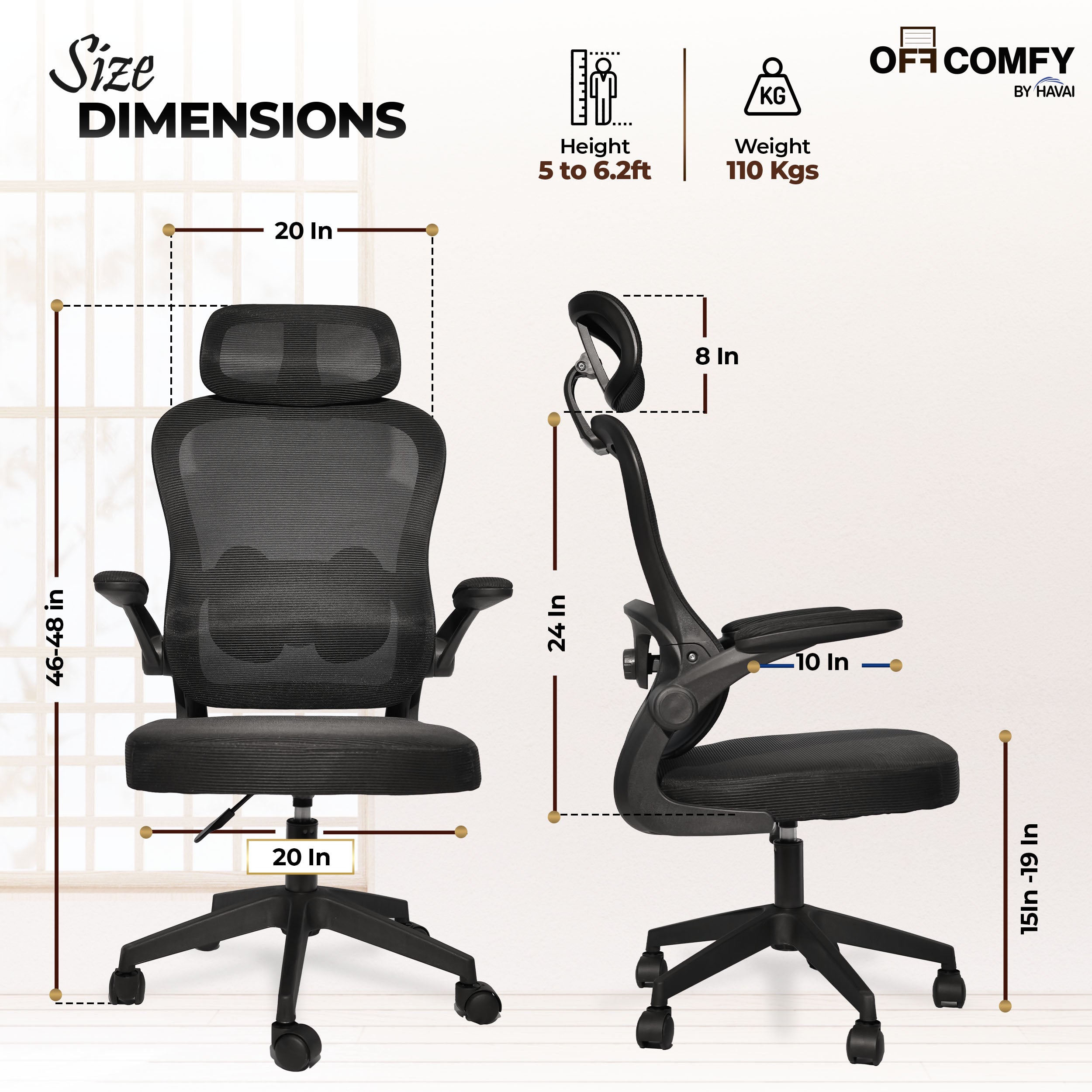 HAVAI LUMA BLACK Ergonomic Mesh Office Chair | Mid Back | Breathable Net Fabric | Height Adjustable | Class 2 Gas Lift | Nylon Base | Smooth Wheels | WFH & Office (BLACK)