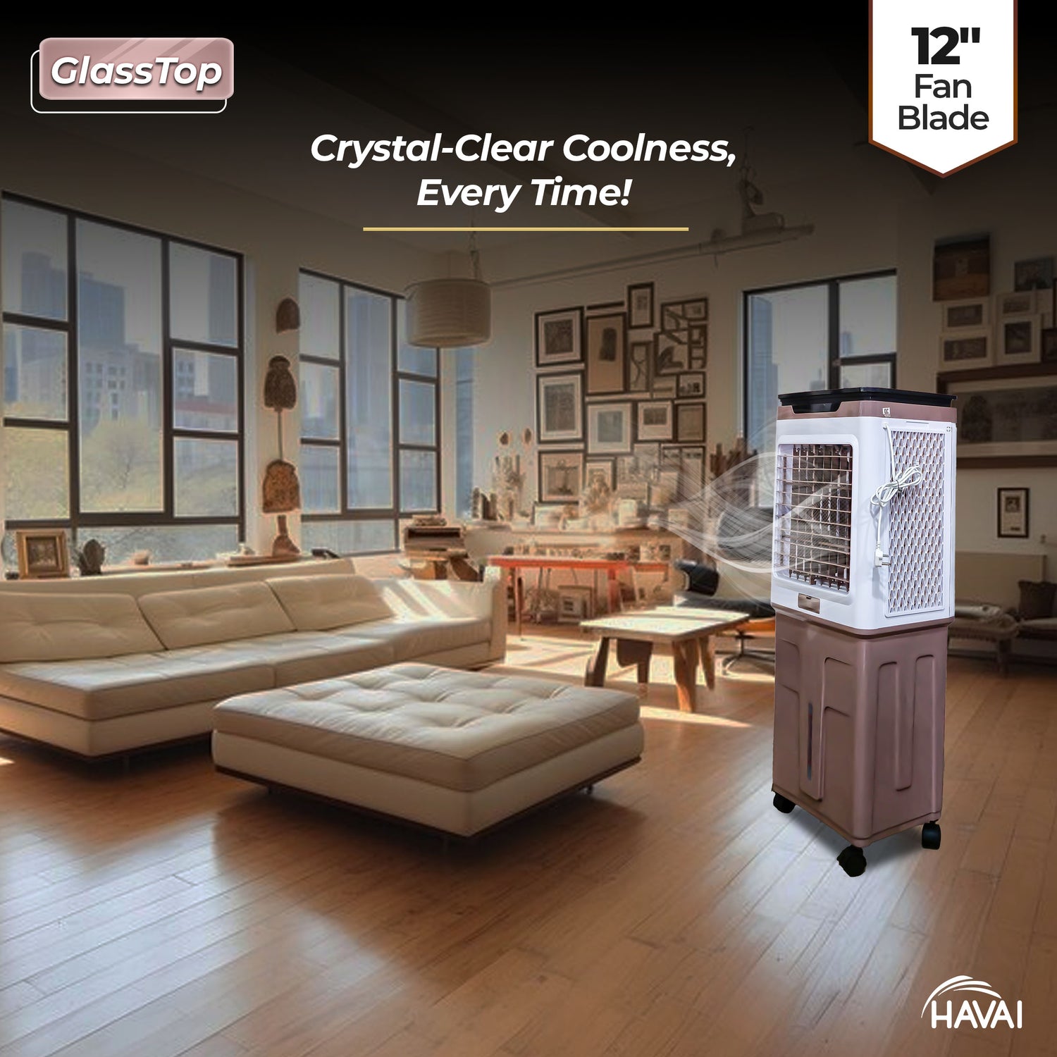 HAVAI Premium Glass Top GT 12+ | 12" Fan Blade | 70 Litre Tank Capacity | 160W Power | 15ft Air Throw | 3-Side Honeycomb Cooling | Sleek Glass Top Design | 4 Castor Wheels