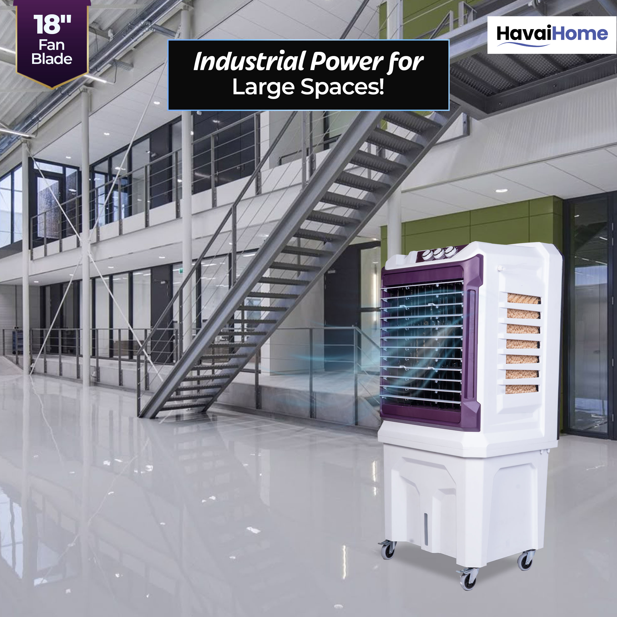 HAVAI Arizona 18 High Airflow Desert Cooler | 18” Metal Fan | 100L Tank | 3500 m³/hr Air Delivery | 30 ft Air Throw | 3-Side Thick Honeycomb Pads | Double Bearing Low-Noise Motor | Castor Wheels | 1-Year On-Site Warranty