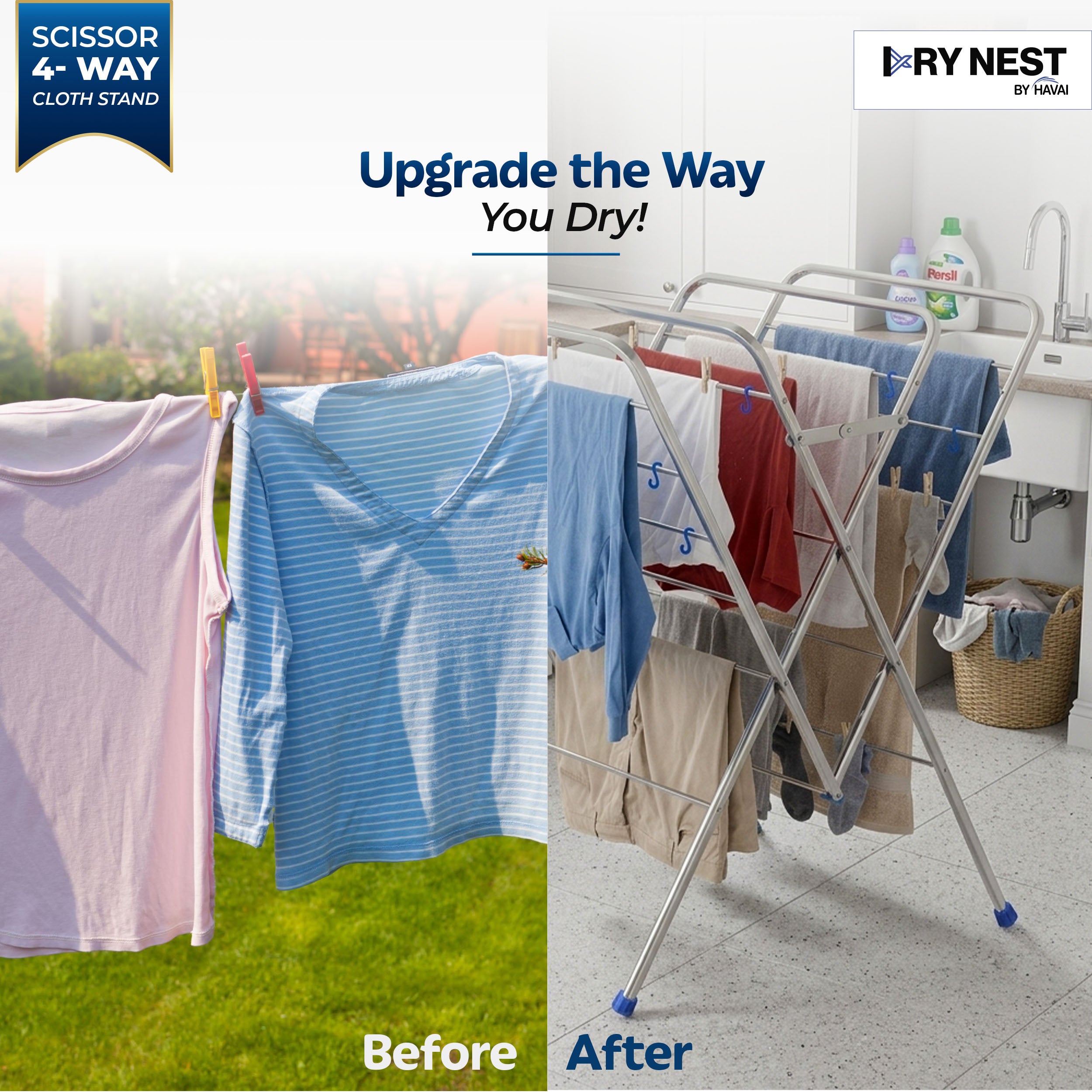 HAVAI DRY NEST 3kg Heavy Duty Premium Cloth Drying Stand | 4-Way Foldable Stainless Steel Clothes Dryer | 23 Rods with Hanger Hooks | 30kg Load Capacity | Strong & Stable | 2 Year Warranty