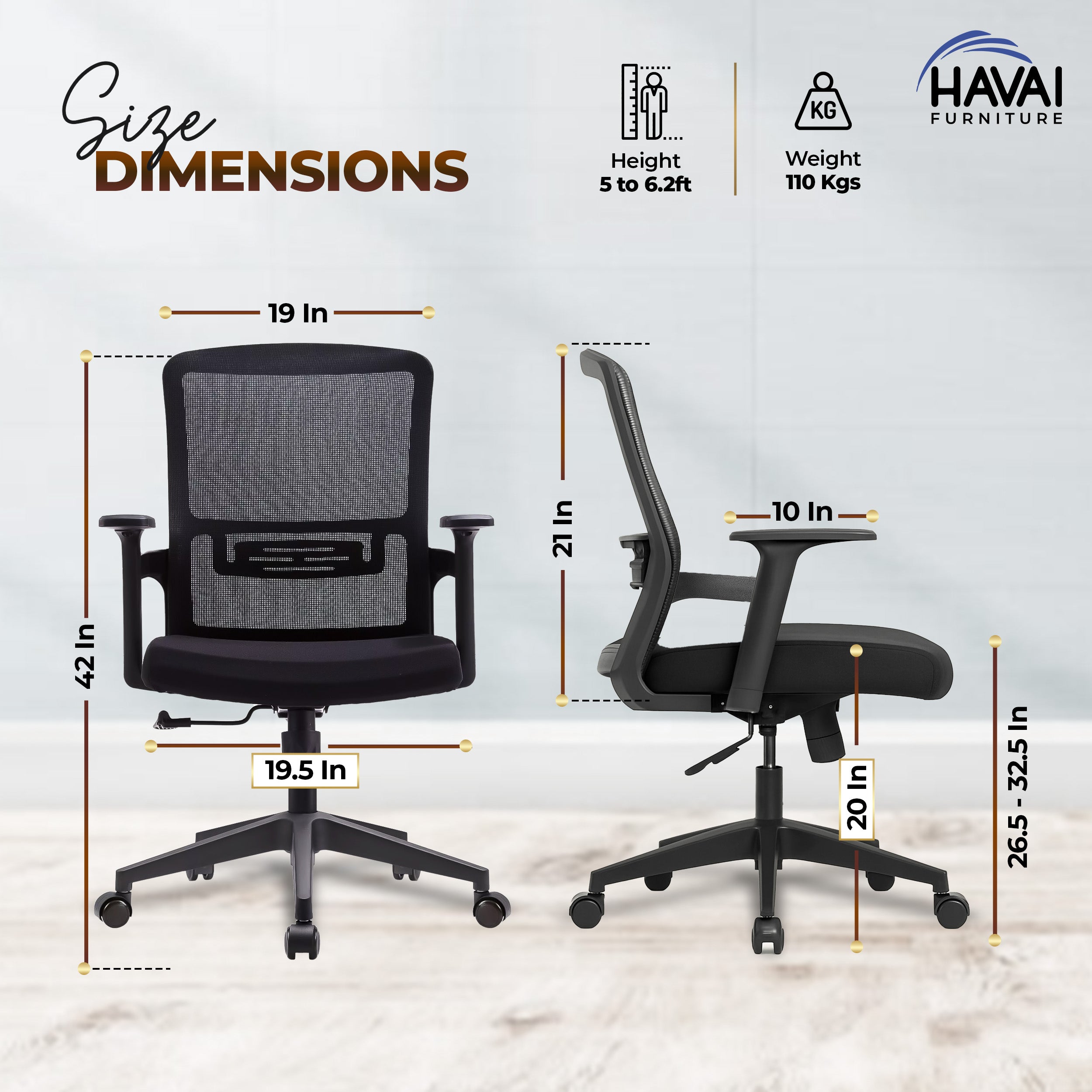 HAVAI Ergolite Mid Back Ergonomic Mesh Office Chair | One Lock Tilt Mechanism | Fixed Armrests | Nylon Base | Breathable Mesh Back (Black)