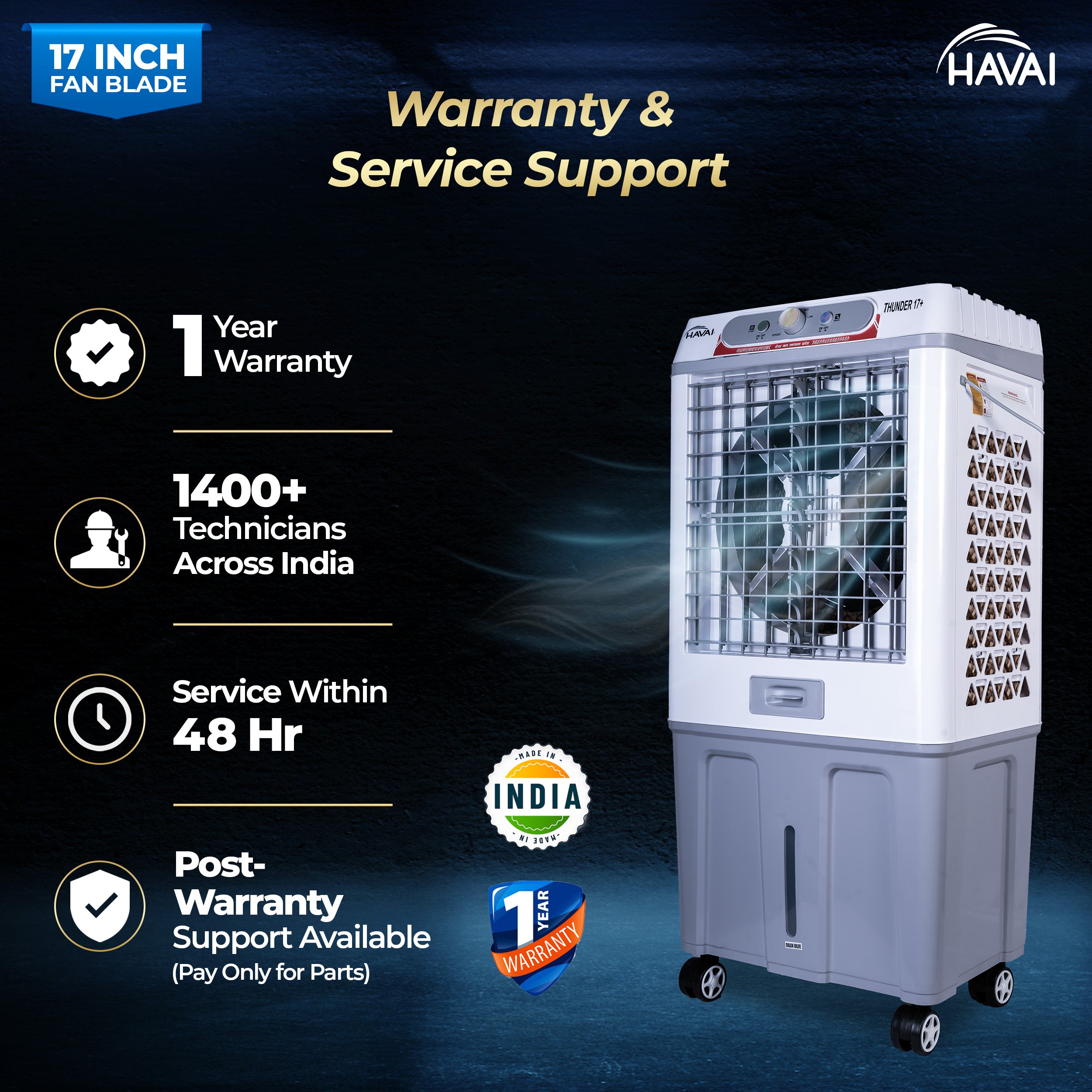 HAVAI Thunder 17+ Desert Cooler | 100L Tank | 17-Inch Fan Blade | 3-Side Honeycomb Pads | Heavy-Duty 110 Dia 32mm Motor | Auto Swing | 1-Year Motor Warranty & Post-Warranty Service | White & Brown