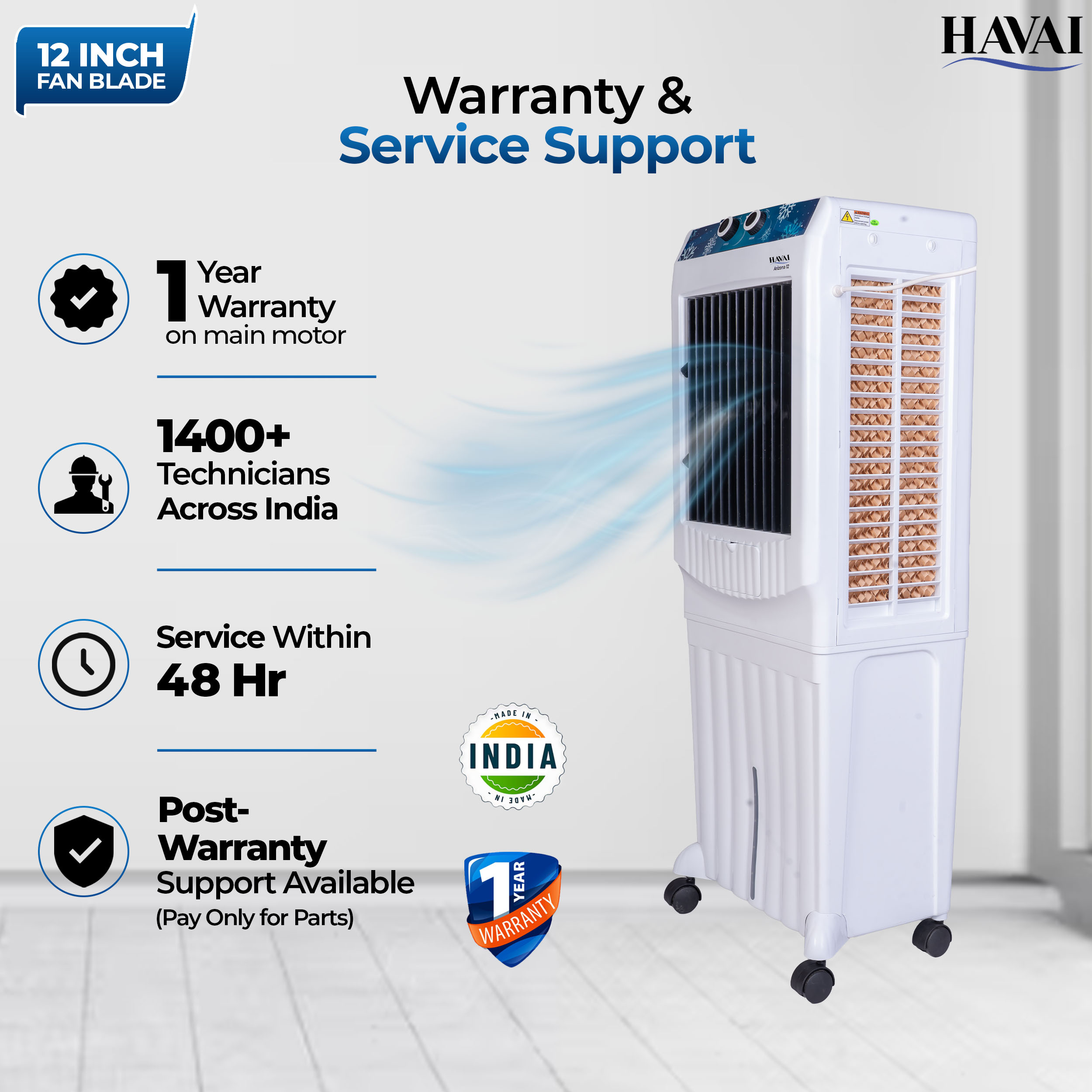 HAVAI Arizona 12 Personal Air Cooler | 12-Inch Fan | 60L Water Tank | Air Throw up to 8 Feet | 2000 m³/hr Air Delivery | 3-Side Honeycomb Pads | Motorised Louvers | Energy Efficient 120W | White
