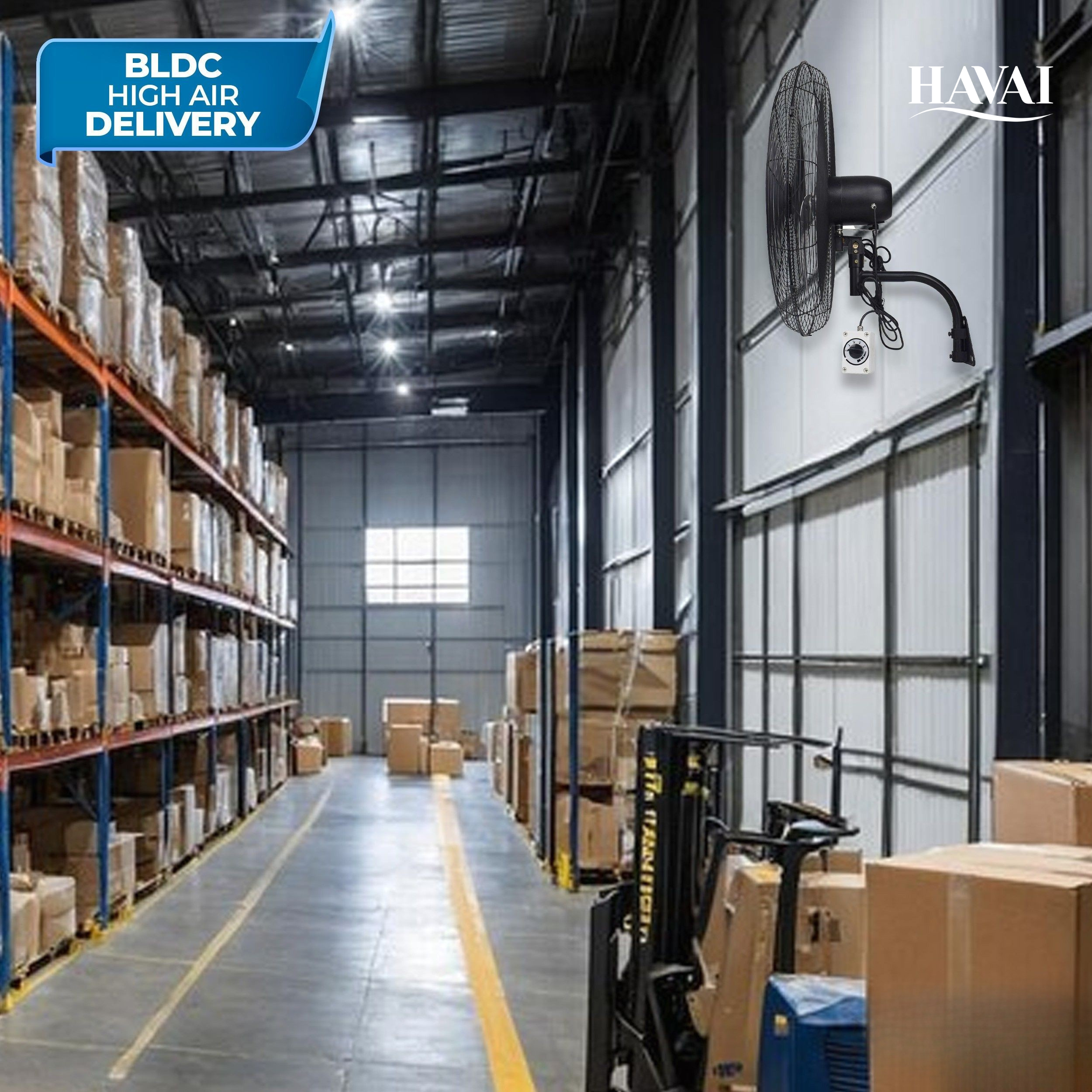 Havai 26" BLDC High-Speed Wall-Mount Fan – 3-Blade Design, Energy Efficient (20W-135W), 700-1400 RPM, 13,500 M³/Hr Airflow, 60-Foot Air Throw, 4-Speed Control, 2-Year Warranty