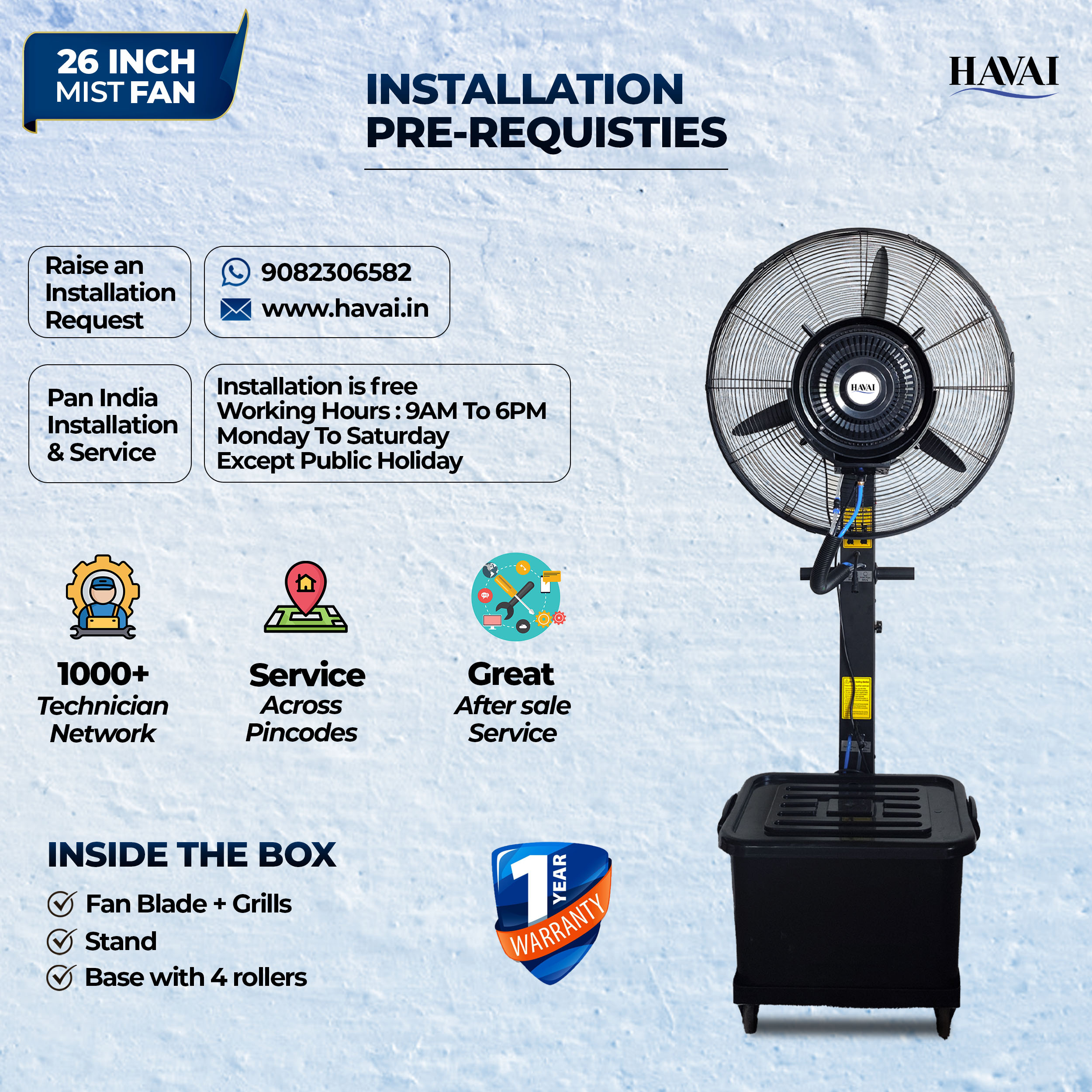 Havai 26″ Commercial Mist Fan, 260W Copper Motor | 10m Spray | Manual Mist Control | Aluminium Blade | Finger-Proof Grill | 41L Tank | Fixed 6ft Height | 48-Hour Installation & 1-Year Warranty