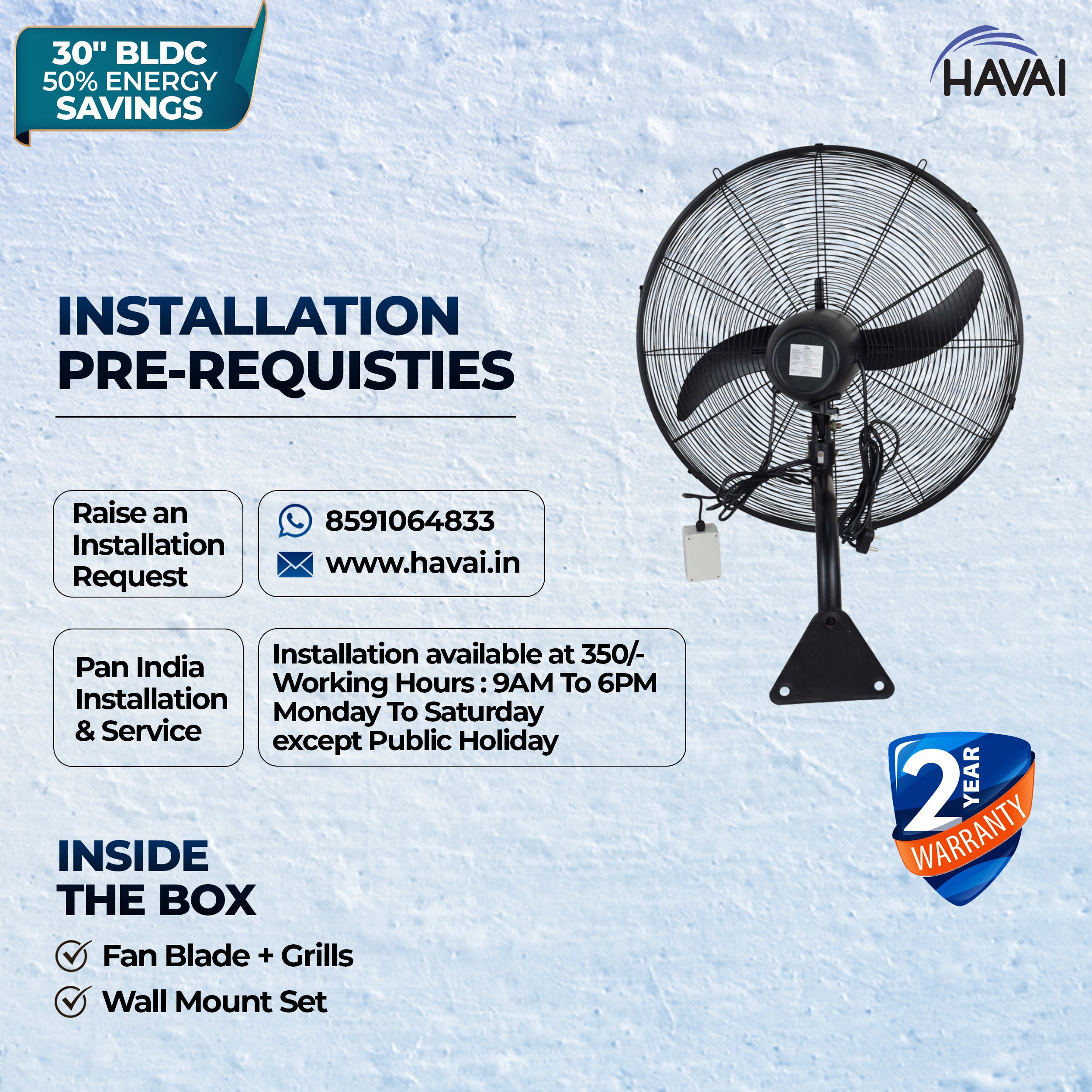 Havai BLDC Wall Mount Fan 30 Inch, 50% Savings On Electricity, High Velocity, Heavy Duty Metal For Industrial, Commercial And Residential Use, Assembly Included , Black