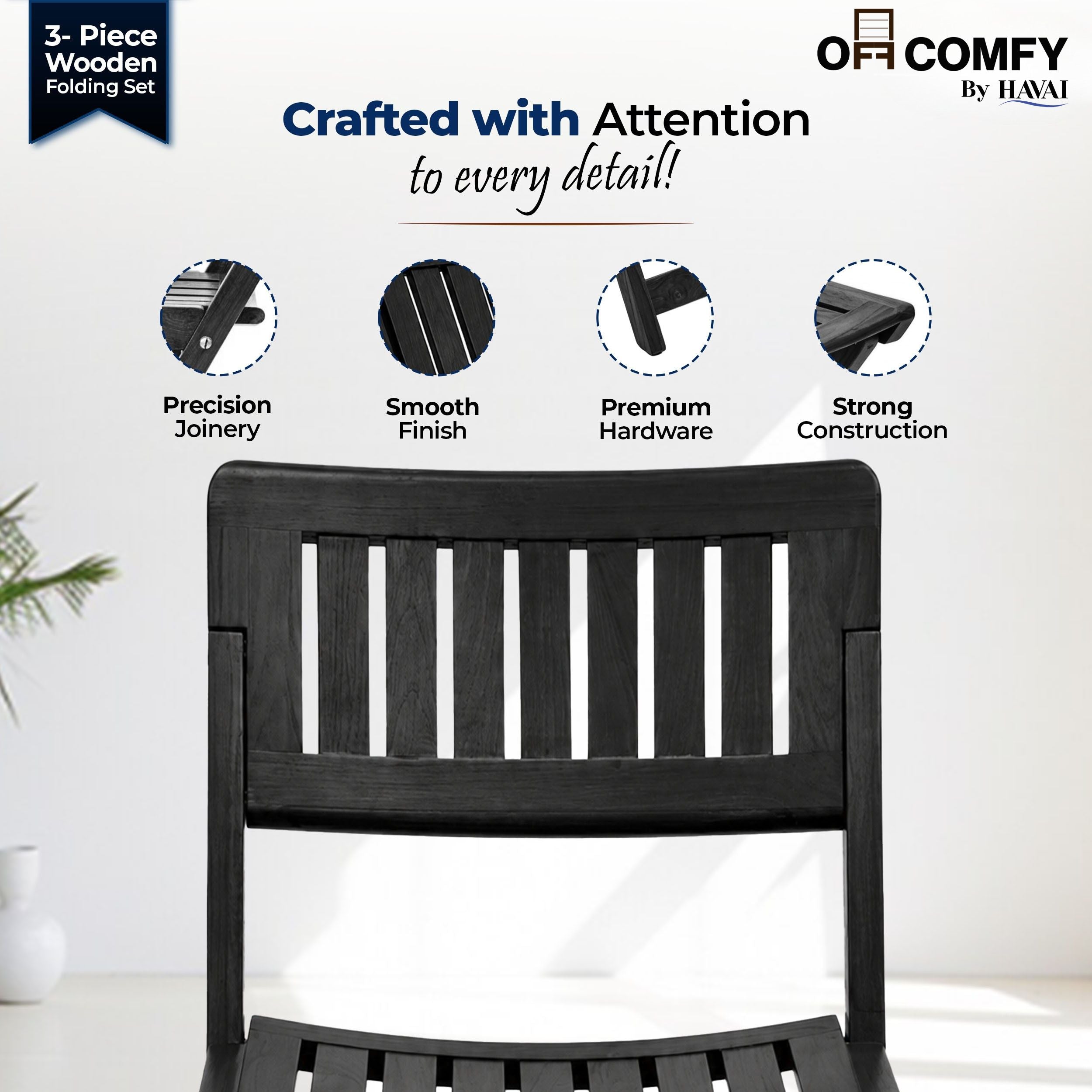 HAVAI Teakwood Foldable Balcony Furniture Set | 2 Chairs & 1 Table | Premium Solid Teak Wood Outdoor Patio Set | Garden, Balcony, Terrace & Cafe Furniture | Pre-Assembled Natural Wood Finish (BLACK)