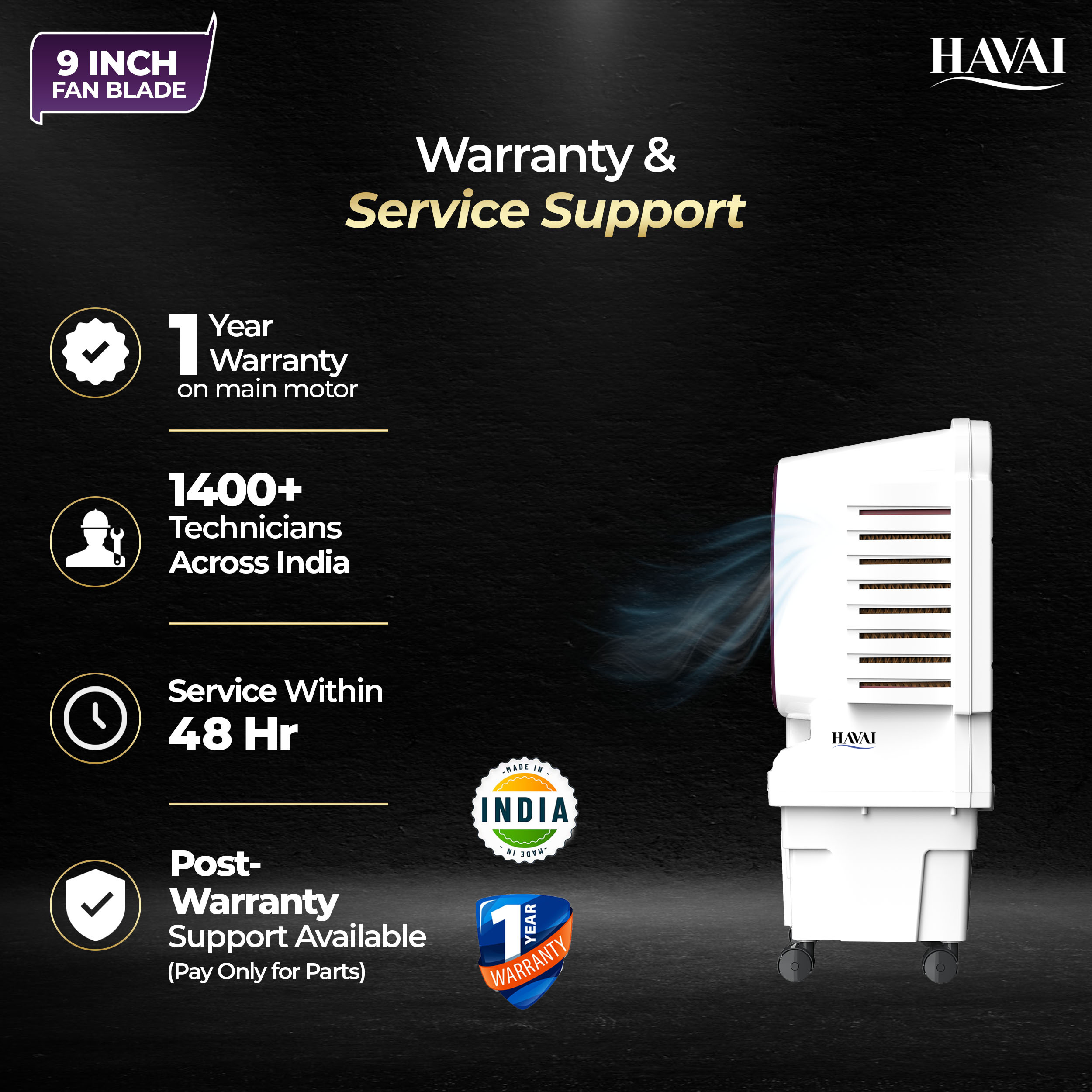HAVAI Arizona 9 Mini Personal Air Cooler | India’s First 9-Inch Blade Cooler | 2600 RPM | 5 Ft Air Throw | 3-Side Honeycomb | 12L Tank | Motorised Louvers | 120W | Ideal for 50 Sq Ft