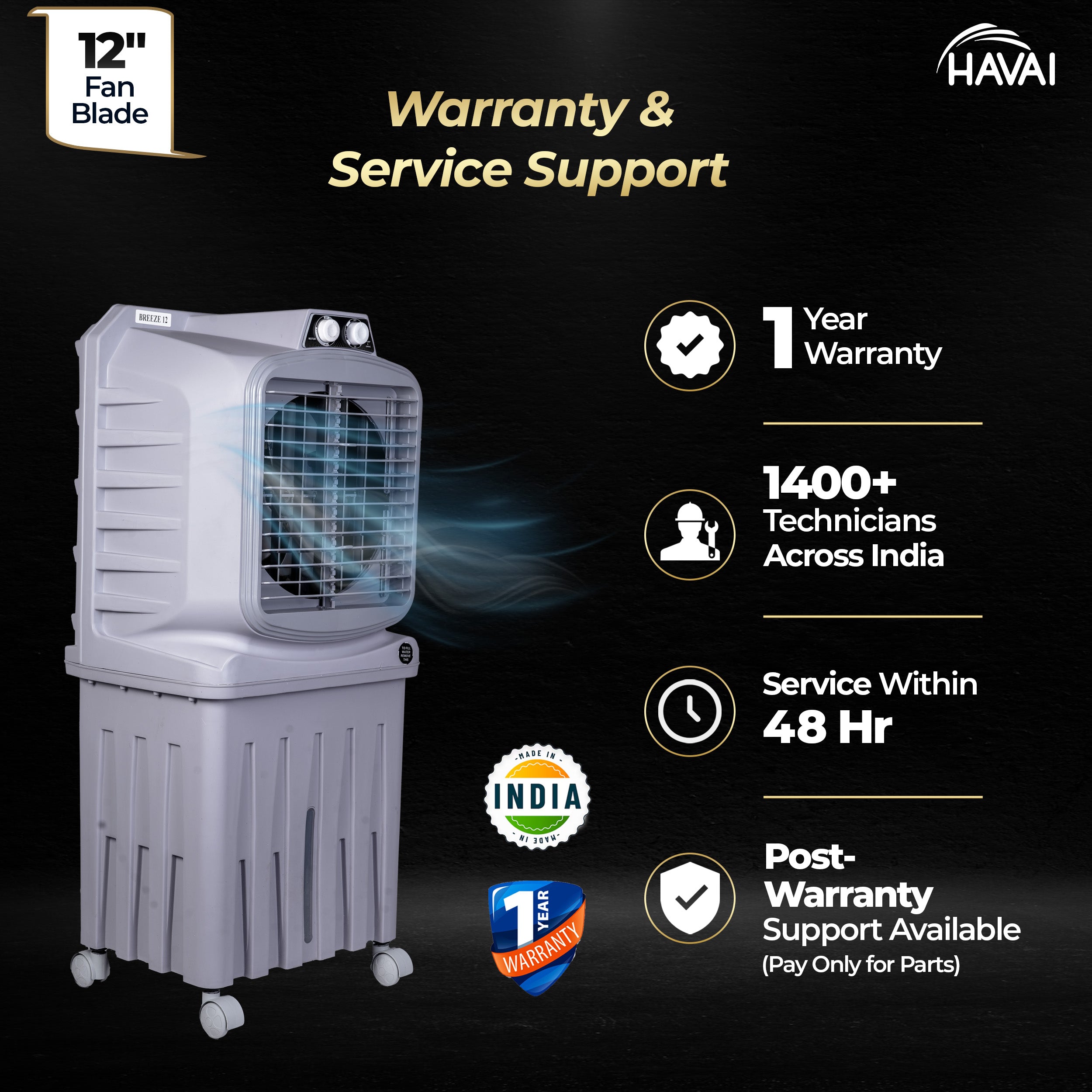 HAVAI Breeze-12 Personal Air Cooler | 50L Tank | 12″ Blade | Ideal for 100 sq ft Rooms | 98W Power | 8 ft Air Throw | 2600 RPM | Auto-Louver | 3-Speed | 1-Year On-Site Warranty (Grey)