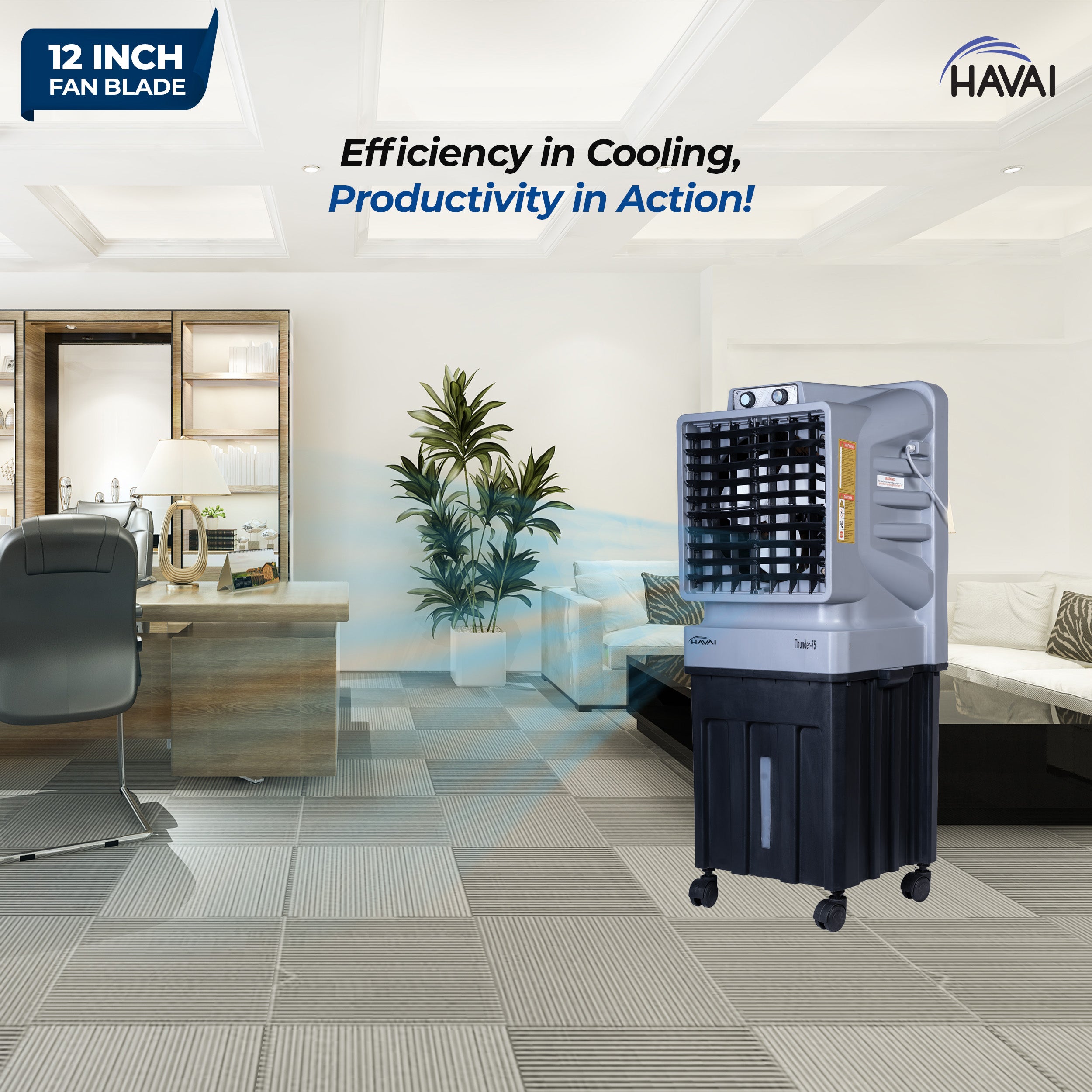 HAVAI Thunder-75 Tower Air Cooler | 70L Tank | 12″ Blade | Ideal for 150 sq ft Rooms | 130W Power | 10 ft Air Throw | 1350 RPM | Auto-Louver | 3-Speed | 1-Year On-Site Motor Warranty (Black & Grey)