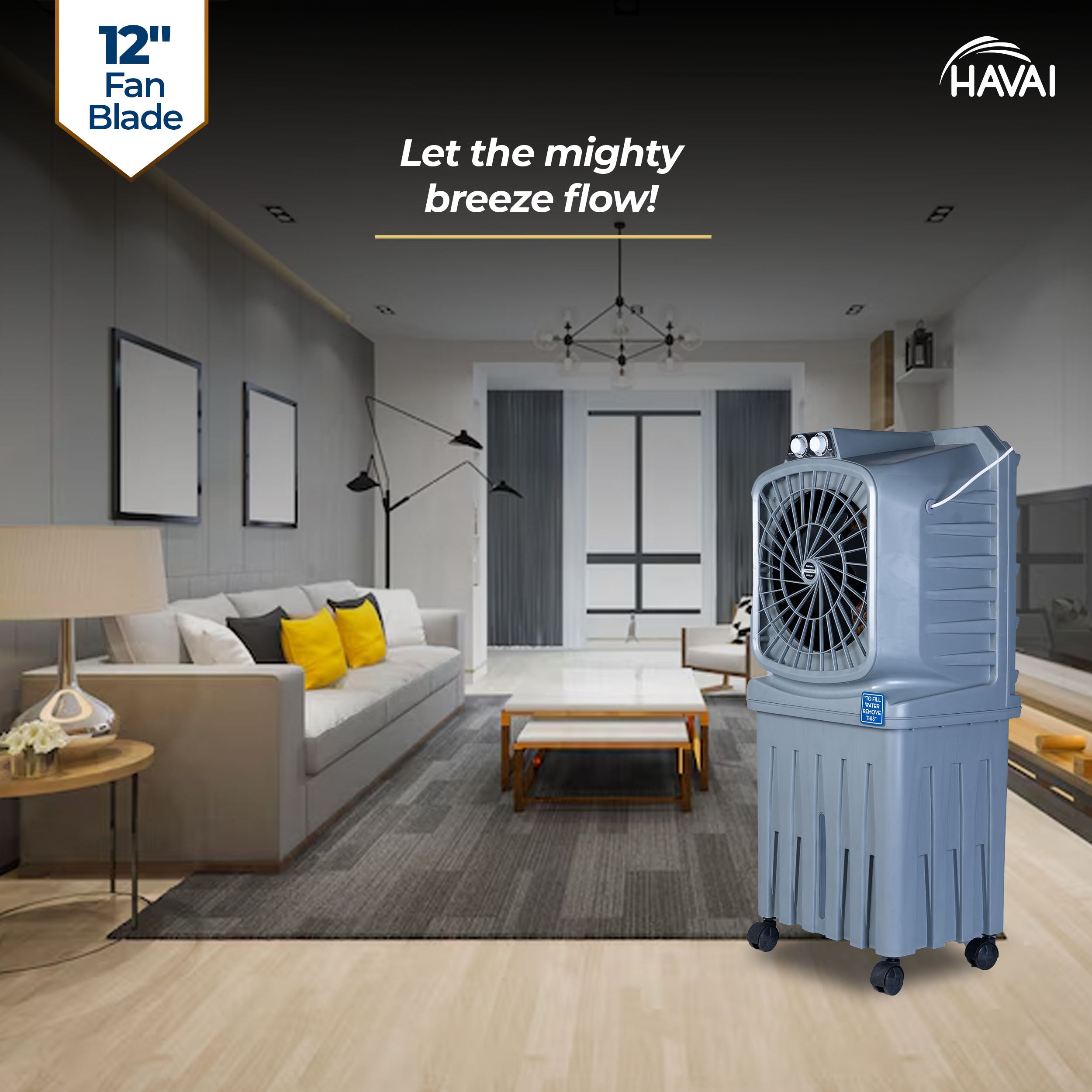 HAVAI Mighty 12 Personal Air Cooler | 12 inch Blade | 50L Tank Capacity, 120W Power, 200 Sq. Ft. Area Coverage | 15 Ft. Air Throw, 3-Speed Control, Grey