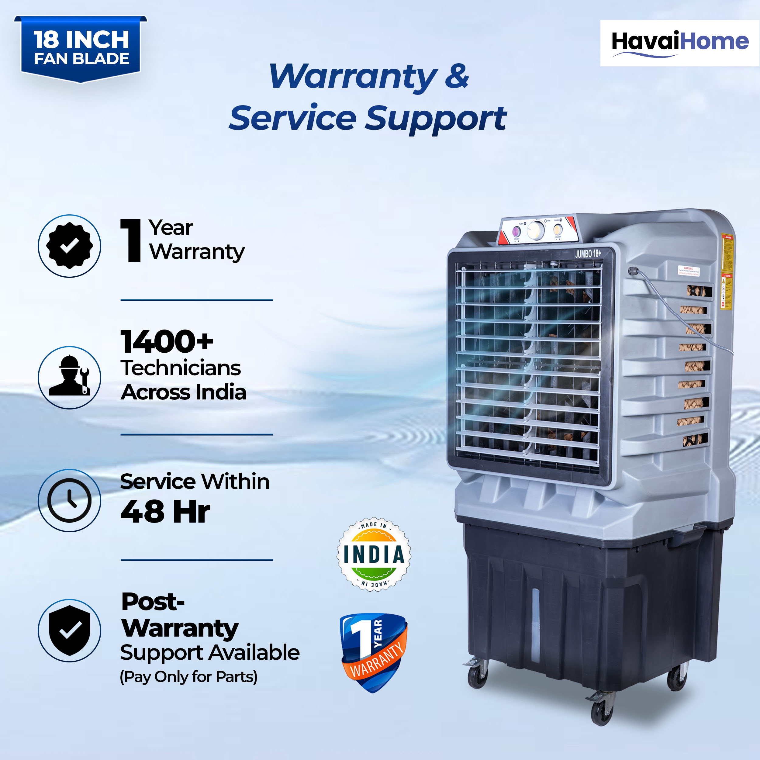 HAVAI Jumbo 18+ Massey Desert Cooler | 150L | 18-Inch Fan | Heavy-Duty 41mm Motor | 3-Side Honeycomb Pads | Auto Swing | Castor Wheels | 230V, 280W | White & Grey