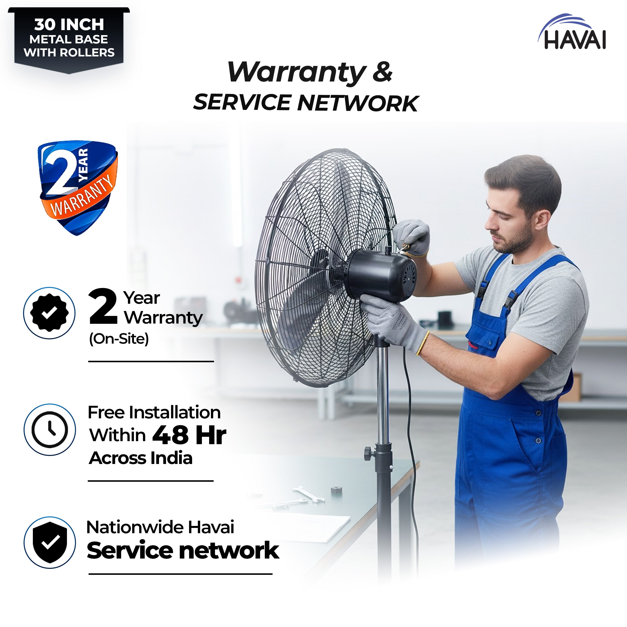 HAVAI 30-Inch Commercial BLDC Pedestal Fan (30–135W) | 2mm Aluminium Blades | Heavy-Duty Metal Base with 4 Lockable Industrial Wheels | High Air Delivery | Fingerproof Safety | 2-Year On-Site Warranty