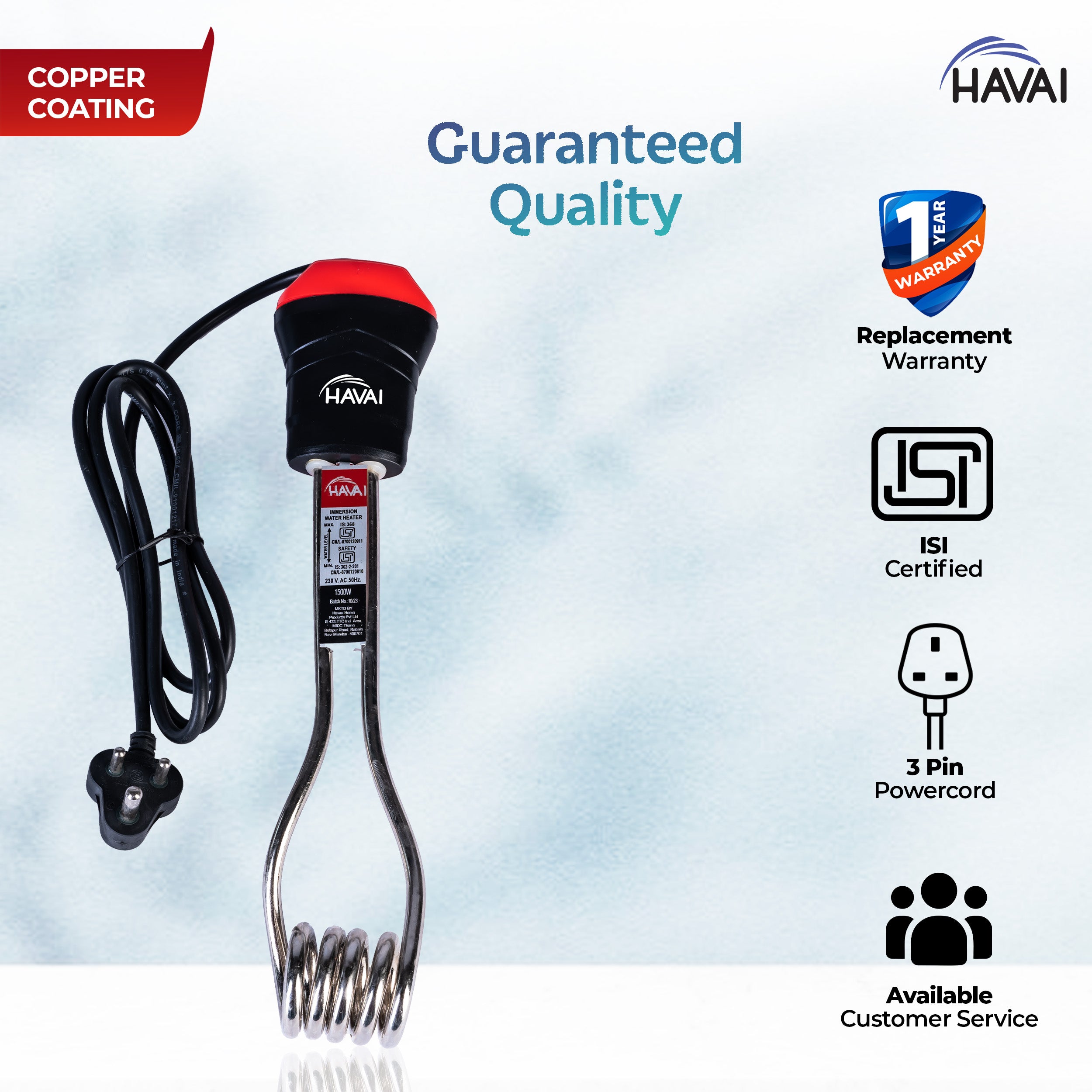 Havai Immersion Rod with Copper Coating |Rust Resistant | Instant Heating With Bucket Holder |ISI Certified 3 Pin Powerchord |Model Round Black Handle HAVIND005 | 1 Year Replacement Warranty (1500W)