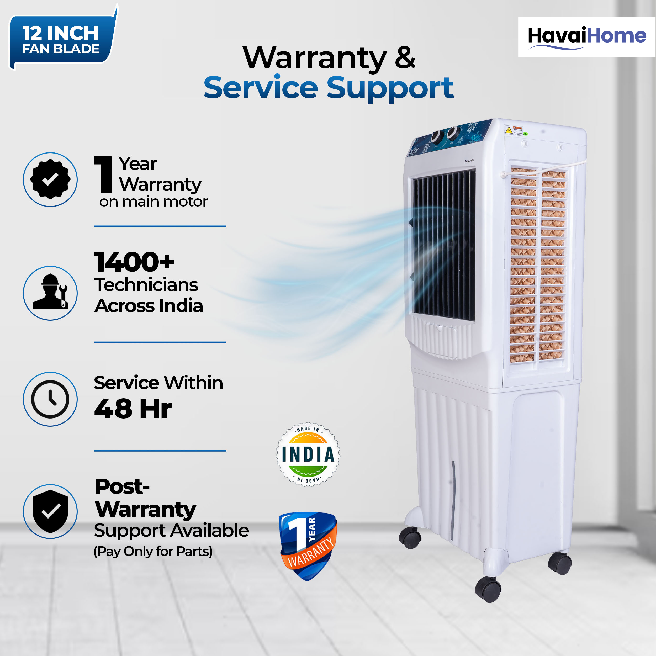 HAVAI Arizona 12 Personal Air Cooler | 12-Inch Fan | 60L Water Tank | Air Throw up to 8 Feet | 2000 m³/hr Air Delivery | 3-Side Honeycomb Pads | Motorised Louvers | Energy Efficient 120W | White