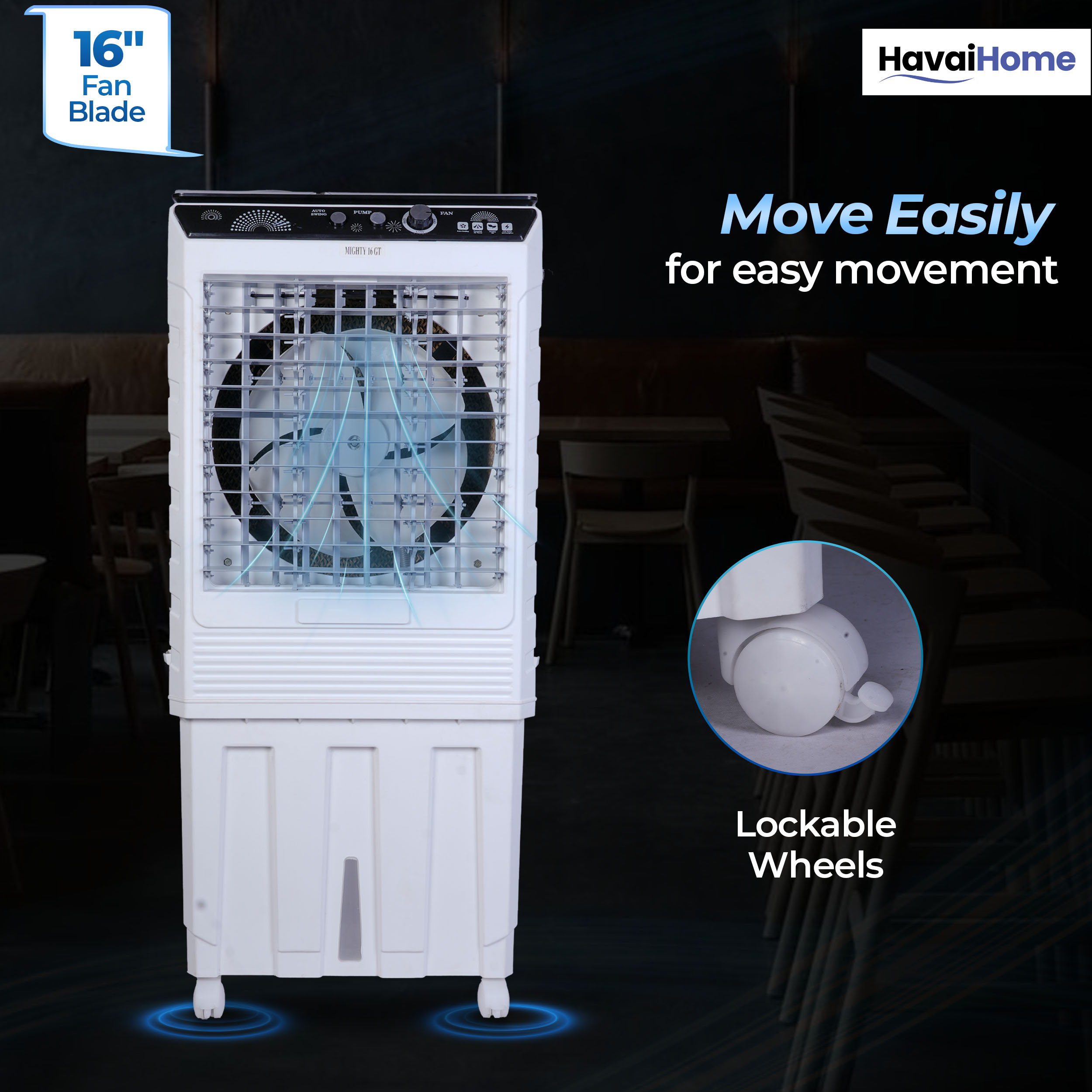 HAVAI Mighty 16 GT Glass Top Desert Air Cooler for Home & Commercial Use | 16 Inch Fan, 100L Tank, 5190 m³/hr Air Delivery | 350 Sq Ft Coverage | Honeycomb Pads, Aluminium Motor, Low Noise | White & Grey