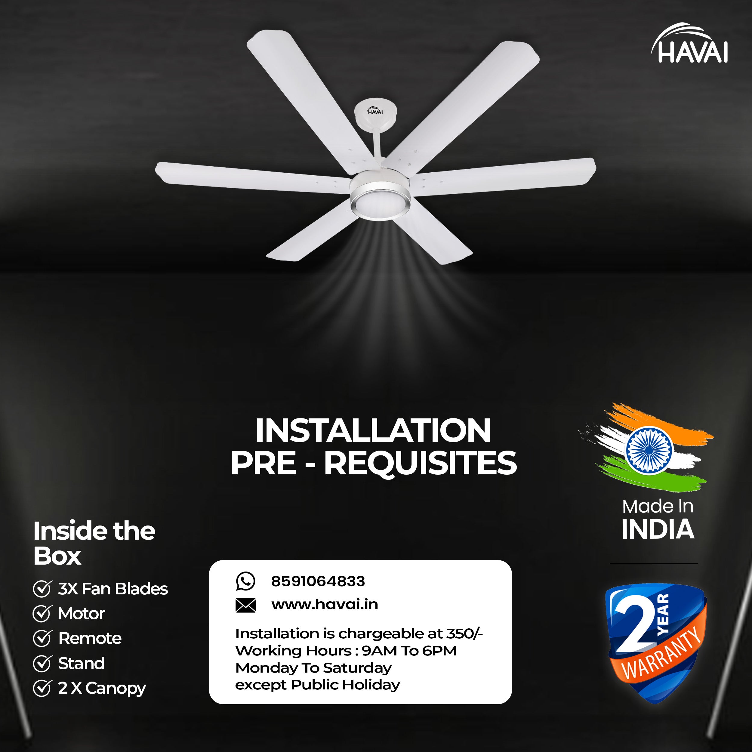 HAVAI Spinel BLDC Ceiling Fan with Decorative Ring | 1200mm, 6 Blades, 25W | Remote Control & 9W LED Light | 2 Years Warranty | Pearl White