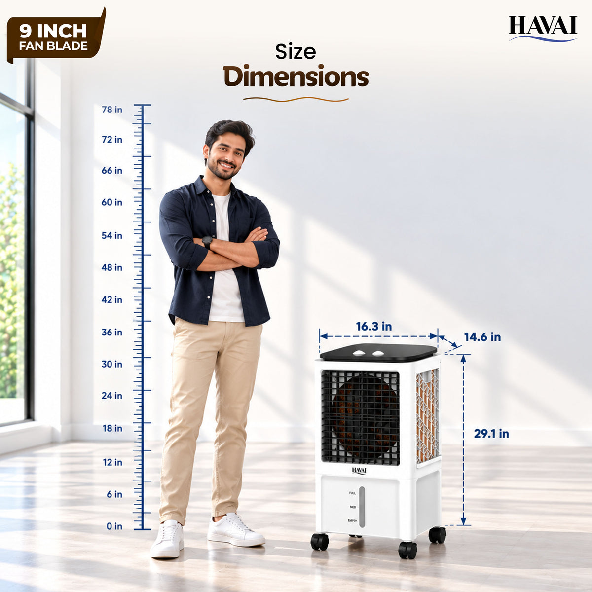 Havai Elite 9 Mini Personal Air Cooler, 15L Tank, 2600 RPM, 1800 CMH, 5-ft air throw, 3-side honeycomb pads, glass top, lockable wheels