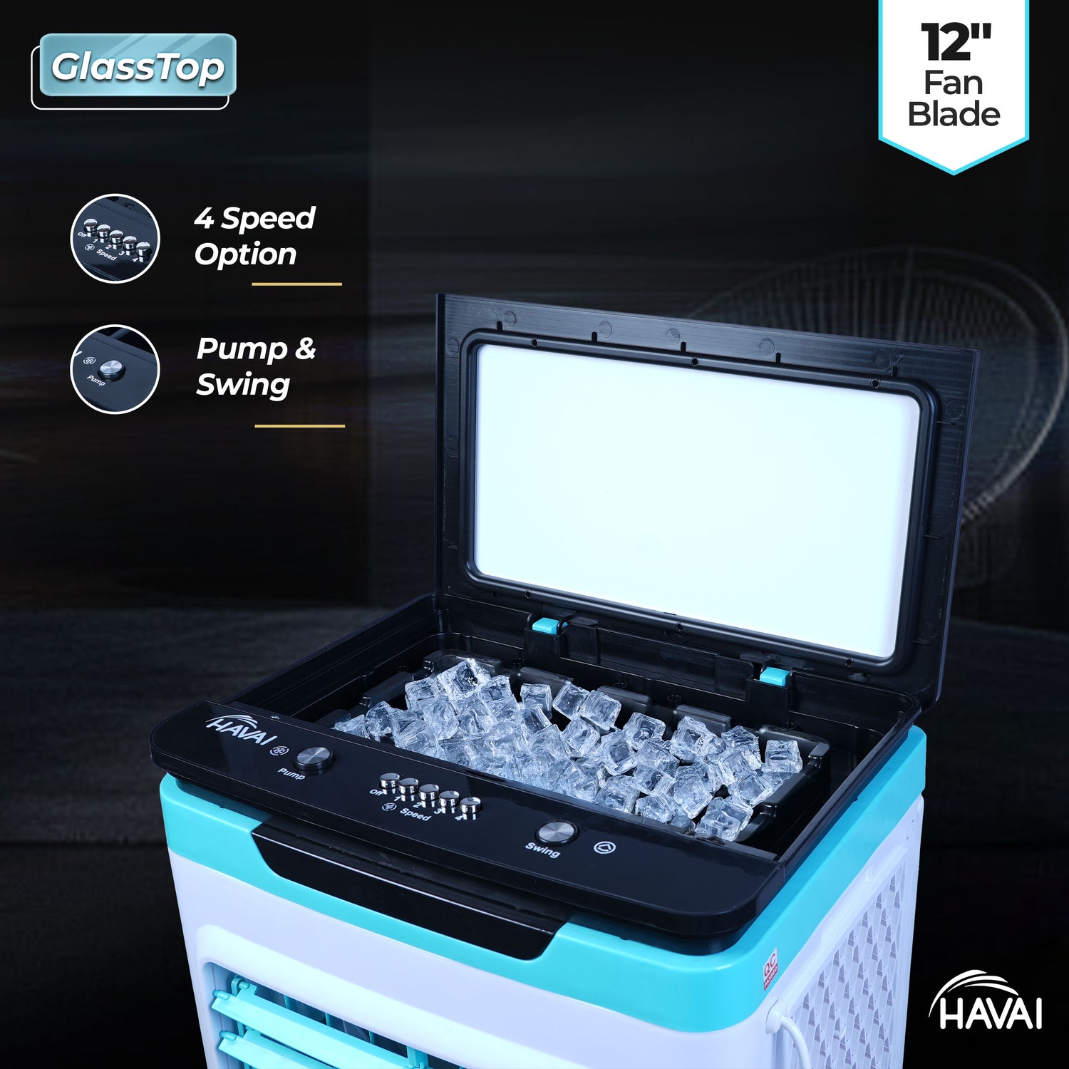 HAVAI Premium Glass Top GT 12 | 12" Fan Blade | 40 Litre Tank Capacity | 160W Power | 15ft Air Throw | 3-Side Honeycomb Cooling | Sleek Glass Top Design | 4 Castor Wheels (BLUE)