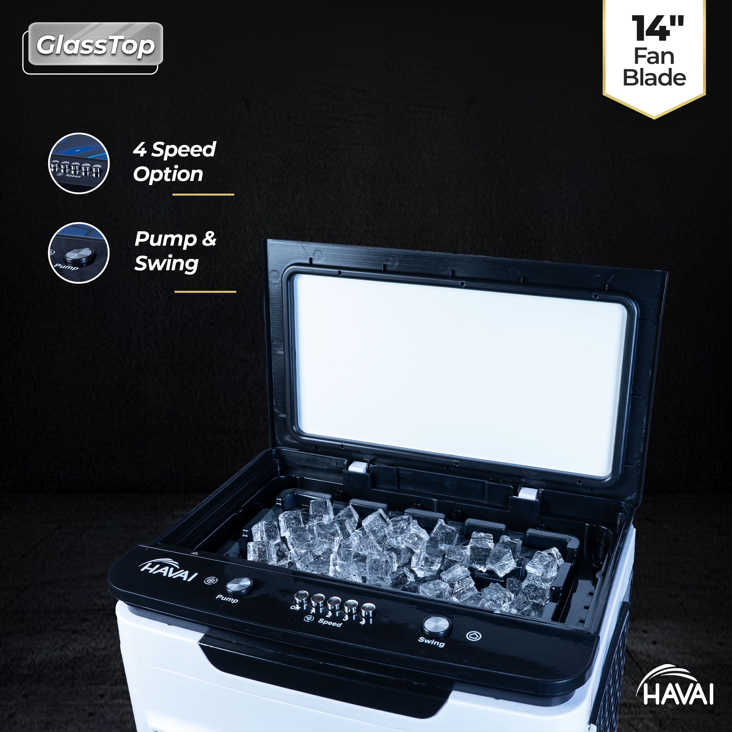 HAVAI Premium Glass Top GT 14 Air Cooler | 60L Tank Capacity | 14" Fan Blade | 170W Power | 20ft Air Throw | 3-Side Honeycomb Cooling | Sleek Glass Top Design | 4 Castor Wheels