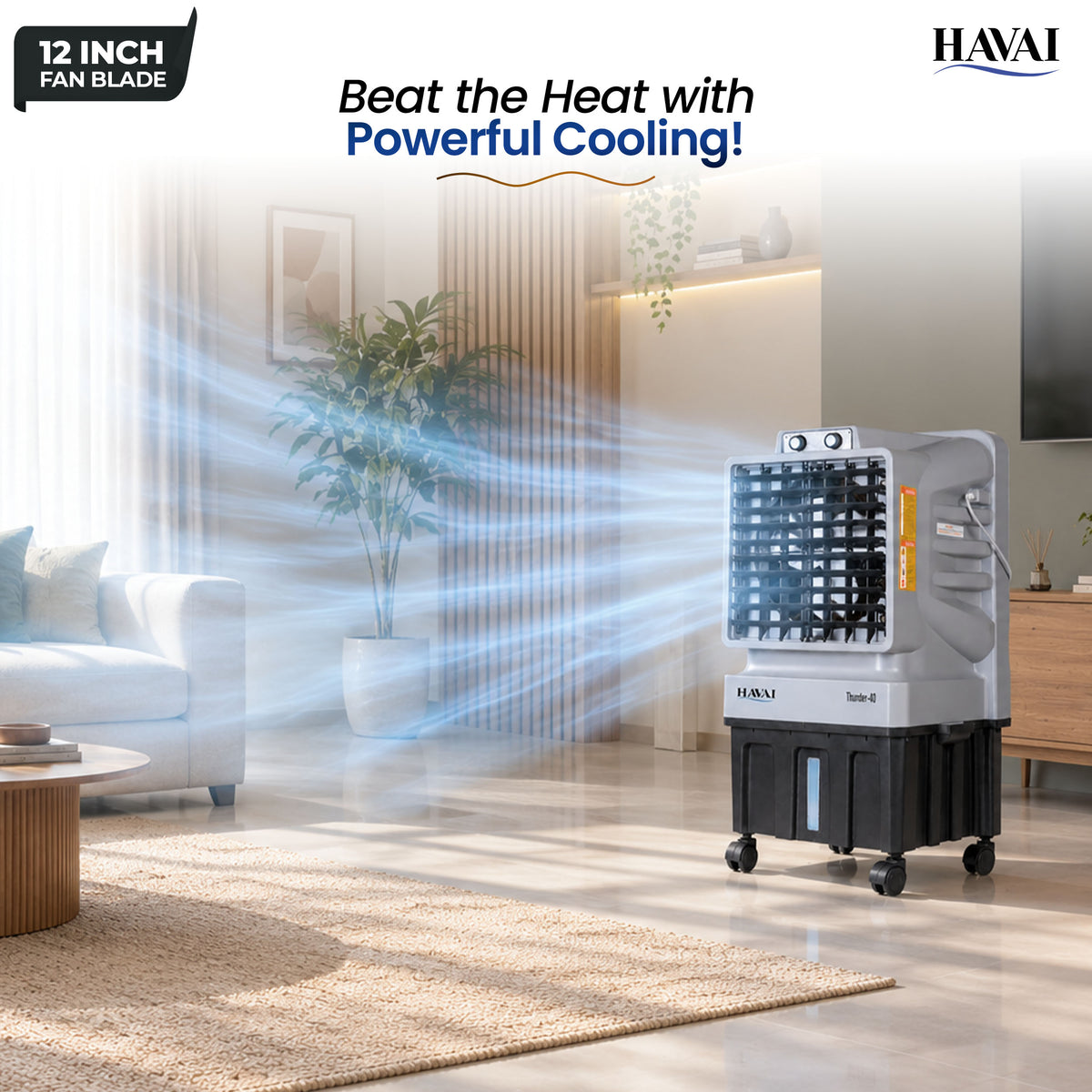 Thunder 12 inch Tower Air Cooler | 40L Tank |150 sq ft Rooms |10 ft Throw | 12-Inch Fan Blade | 40L Large Tank | Honeycomb Pad | 10 Ft Air Throw | 1 Year On-Site Warranty| Auto Louver | 3 Speed