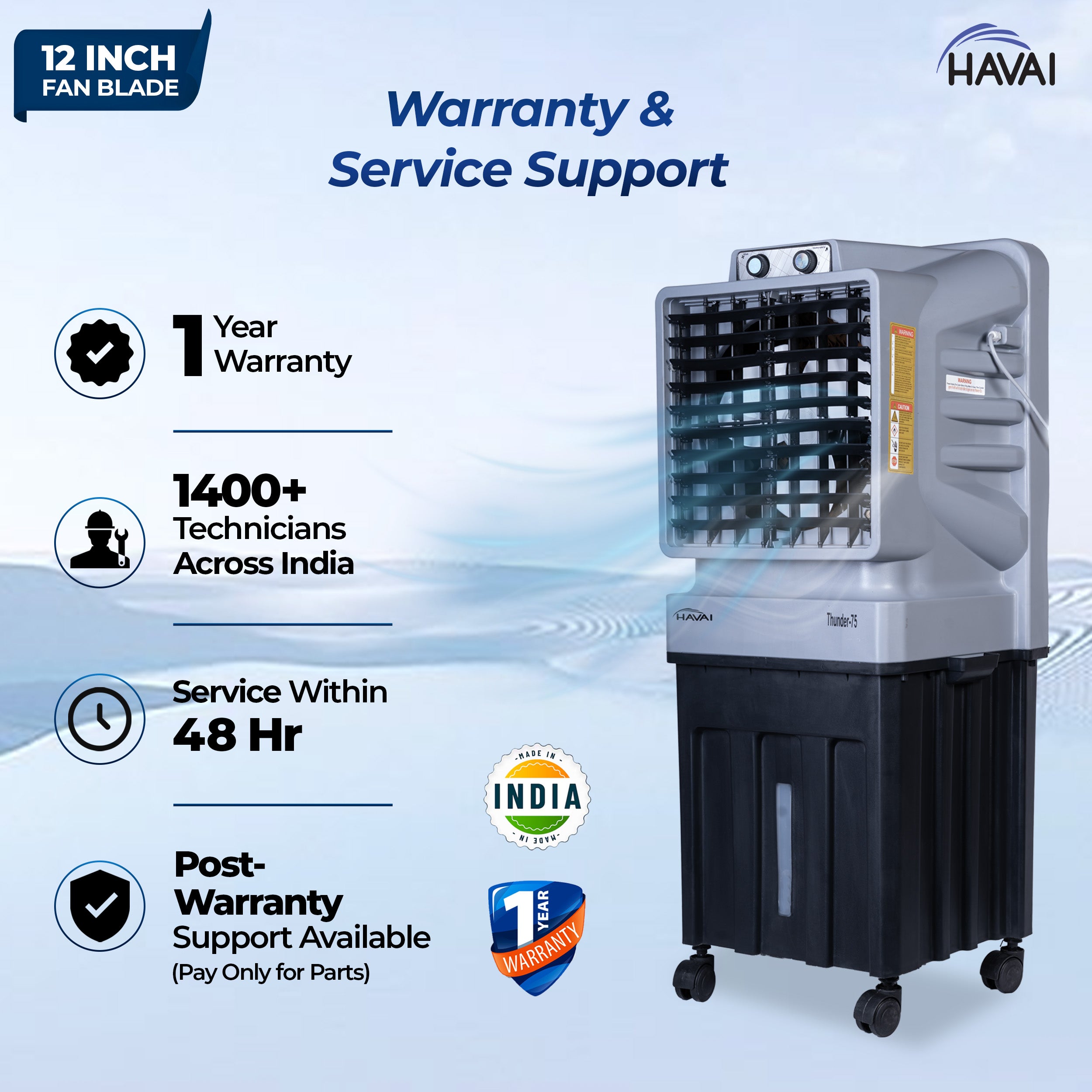 HAVAI Thunder-75 Tower Air Cooler | 70L Tank | 12″ Blade | Ideal for 150 sq ft Rooms | 130W Power | 10 ft Air Throw | 1350 RPM | Auto-Louver | 3-Speed | 1-Year On-Site Motor Warranty (Black & Grey)