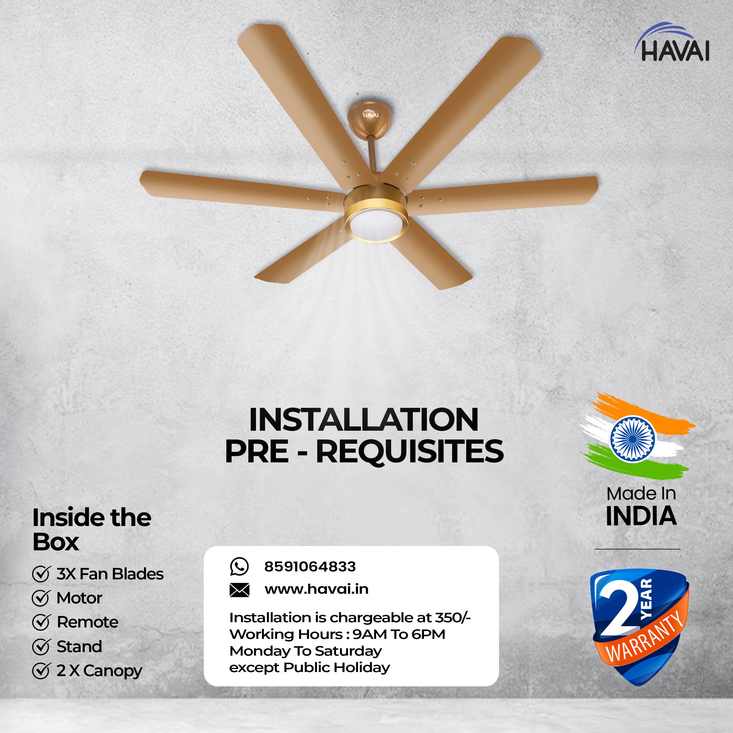 HAVAI Spinel BLDC Ceiling Fan with Decorative Ring | 1200mm, 6 Blades, 25W | Remote Control & 9W LED Light | 2 Years Warranty | Champagne Yellow