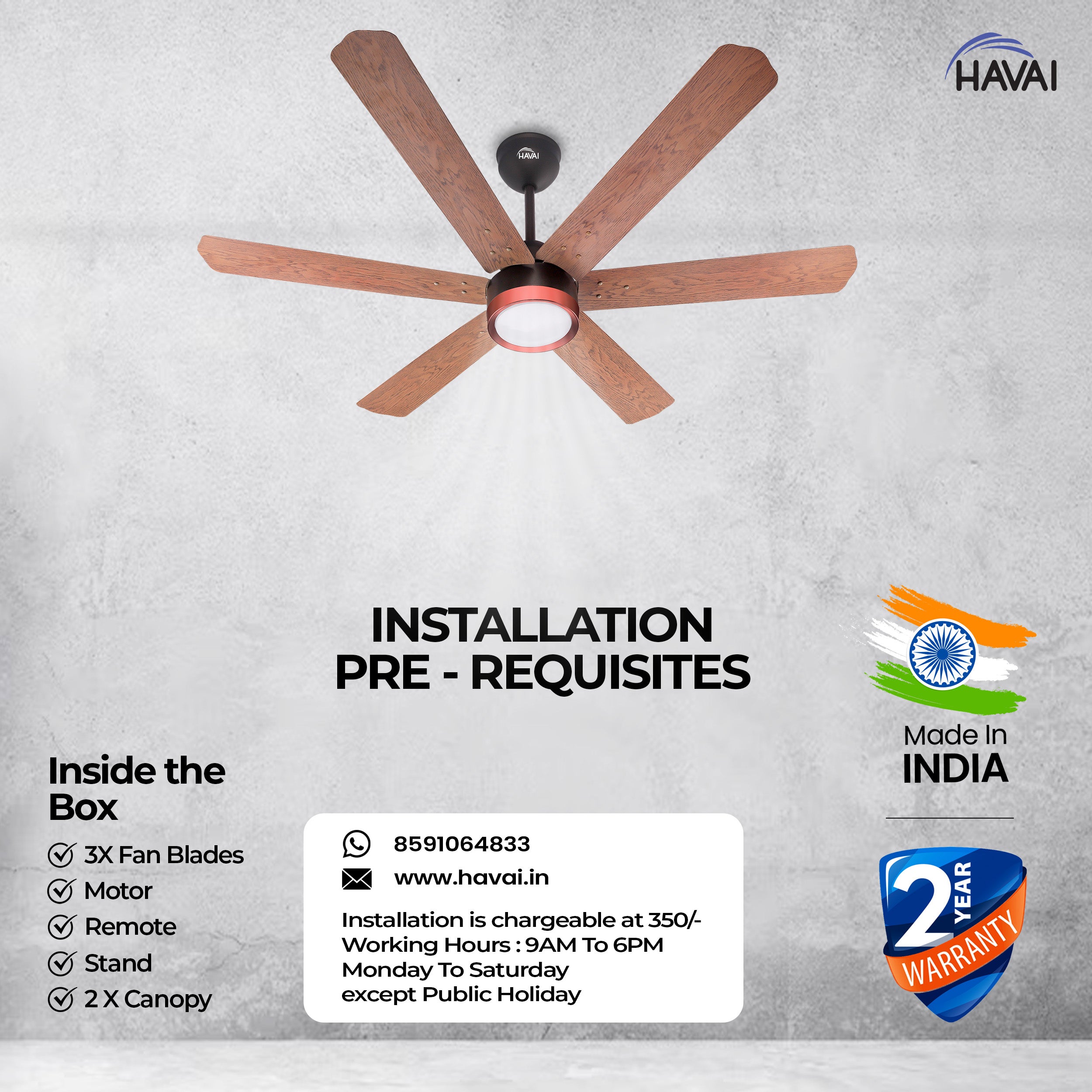 HAVAI Spinel BLDC Ceiling Fan with Decorative Ring | 1200mm, 6 Blades, 25W | Remote Control & 9W LED Light | 2 Years Warranty | Smoke Brown