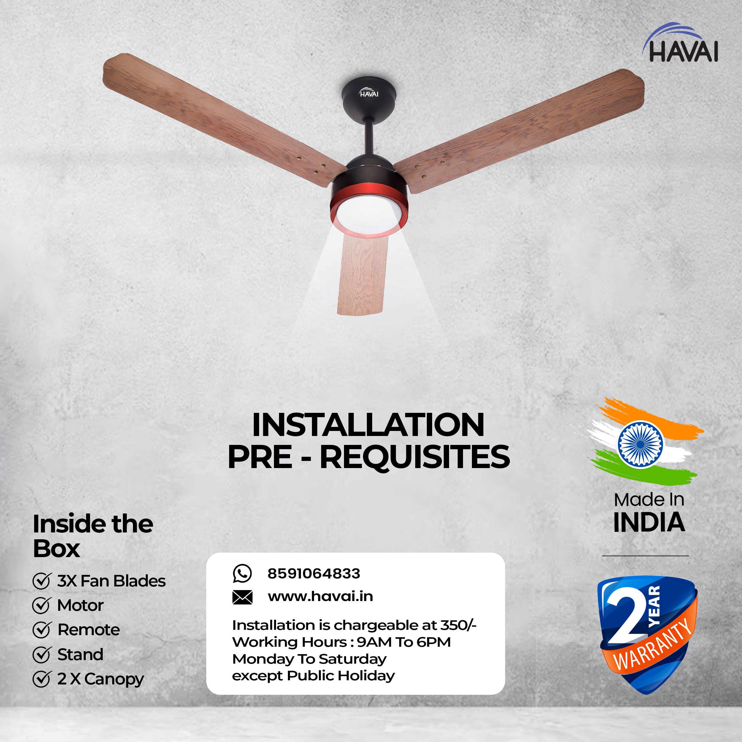 HAVAI Spinel BLDC Ceiling Fan with Decorative Ring | 1200mm, 3 Blades, 27W | Remote Control & 9W LED Light | 2 Years Warranty | Smoky Brown