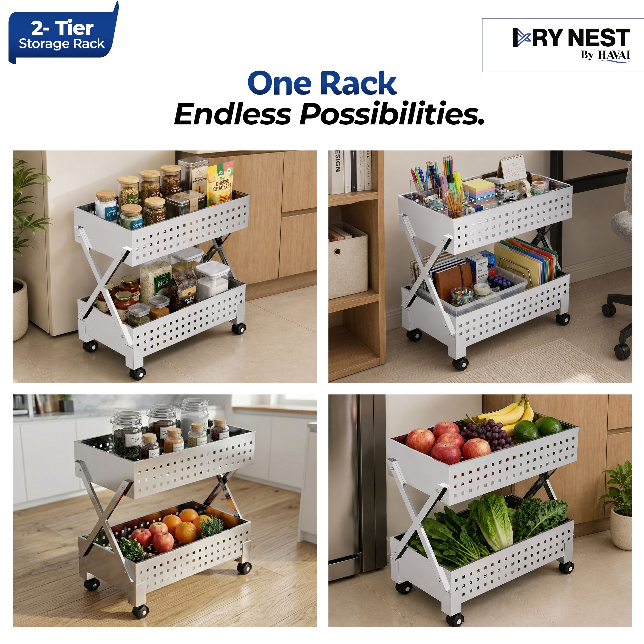 HAVAI Stainless Steel Multipurpose Storage Trolley with Wheels (Chrome, 2)