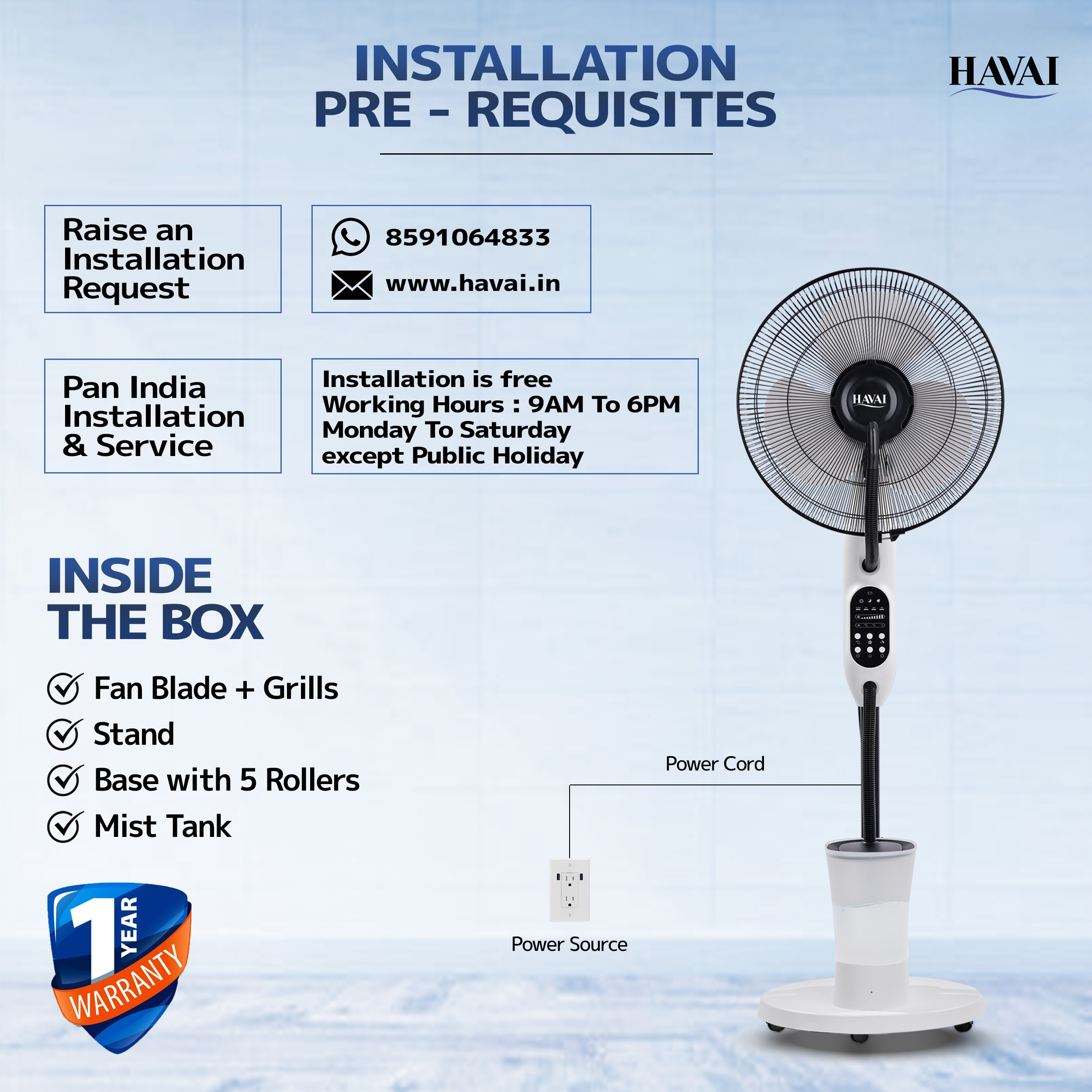 HAVAI Blu Mist Pedestal Fan – 16" Residential Mist Fan | Remote Control | 2.8 Litre Tank | Installation Included (White, Pack of 1)