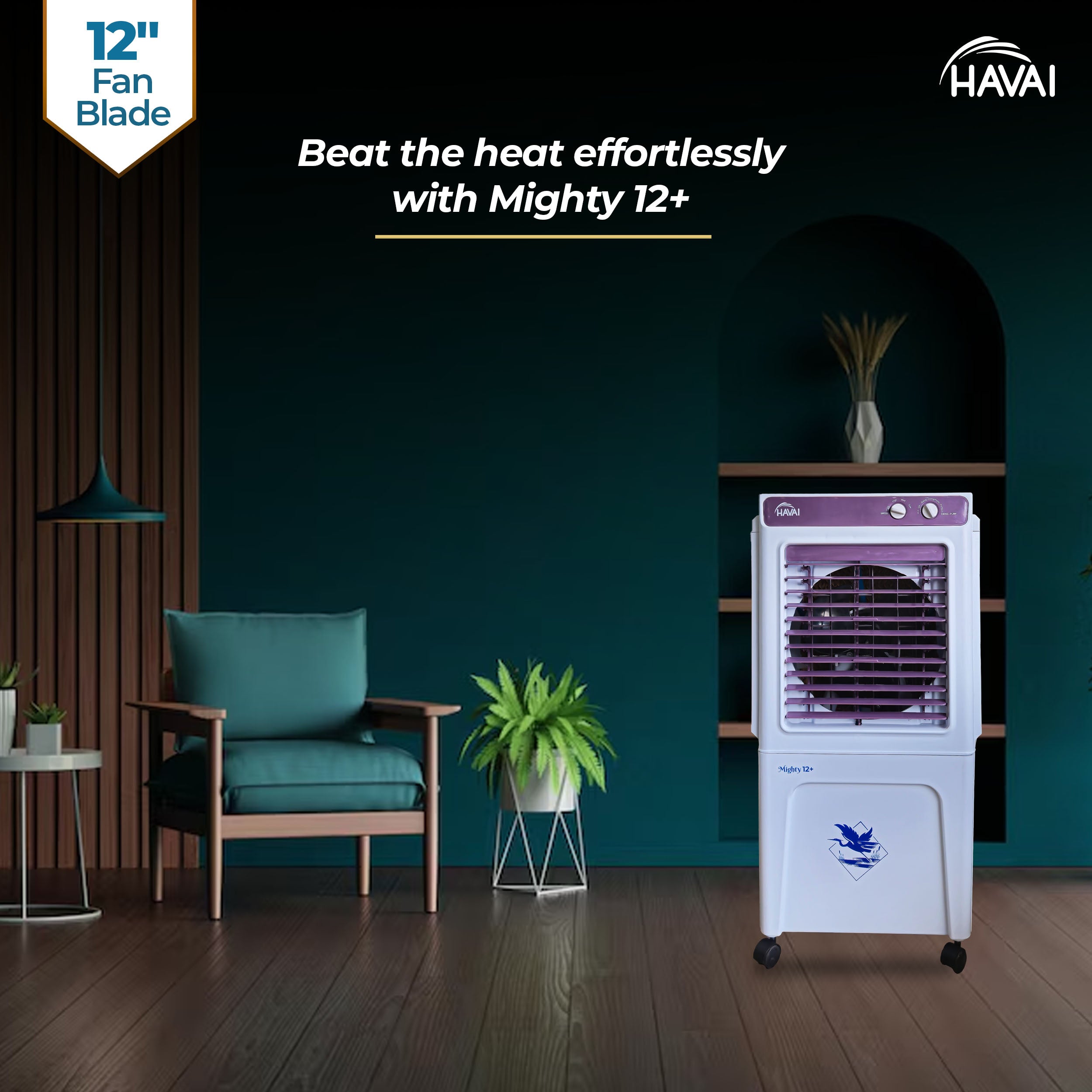 HAVAI Mighty 12+ | 12-Inch Personal Air Cooler | 36L Tank | 3-Side Honeycomb | Auto Swing | 3-Speed | 2400 RPM Motor | Vibrant Color | 200 Sq. Ft. Coverage