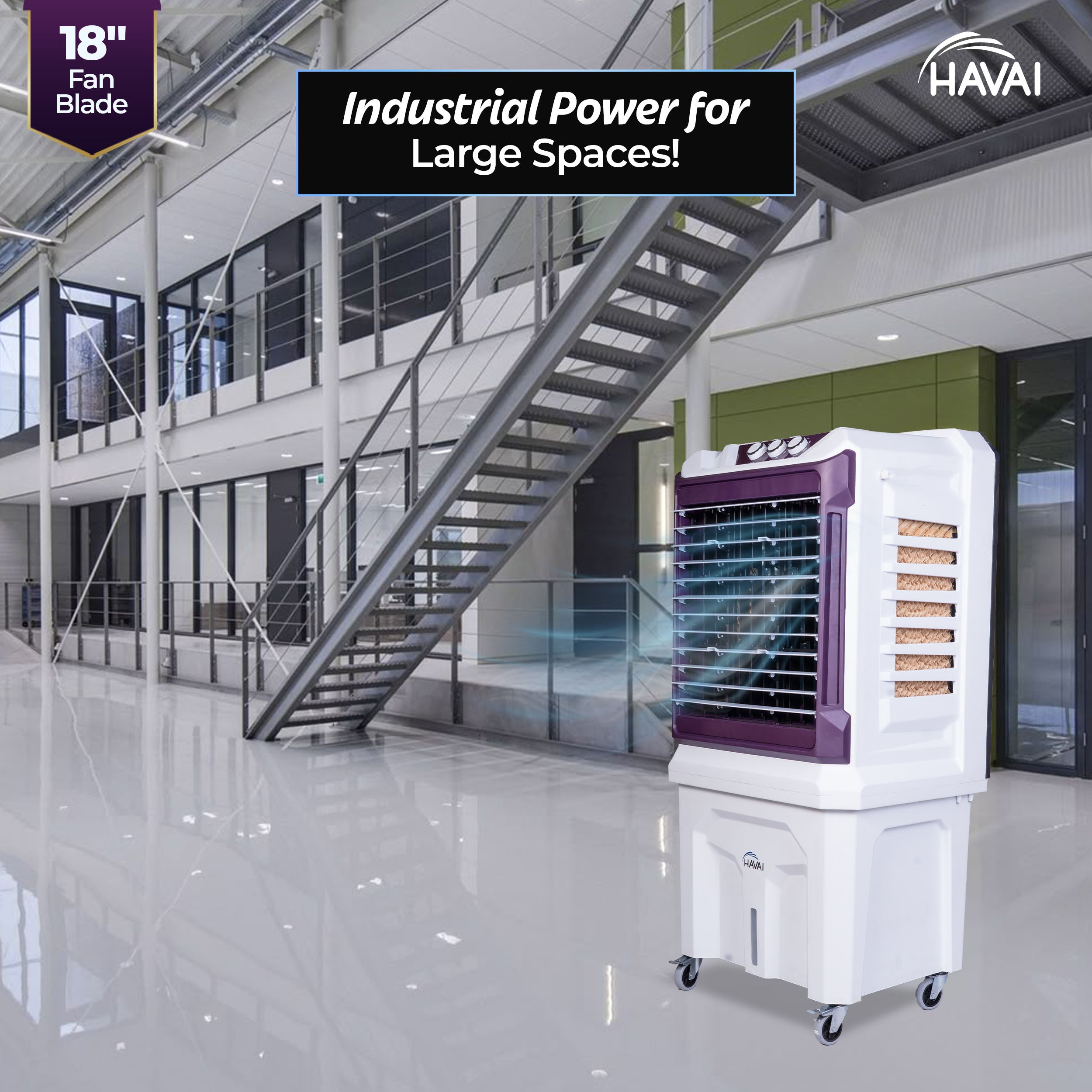 HAVAI Arizona 18 High Airflow Desert Cooler | 18” Metal Fan | 100L Tank | 3500 m³/hr Air Delivery | 30 ft Air Throw | 3-Side Thick Honeycomb Pads | Double Bearing Low-Noise Motor | Castor Wheels | 1-Year On-Site Warranty