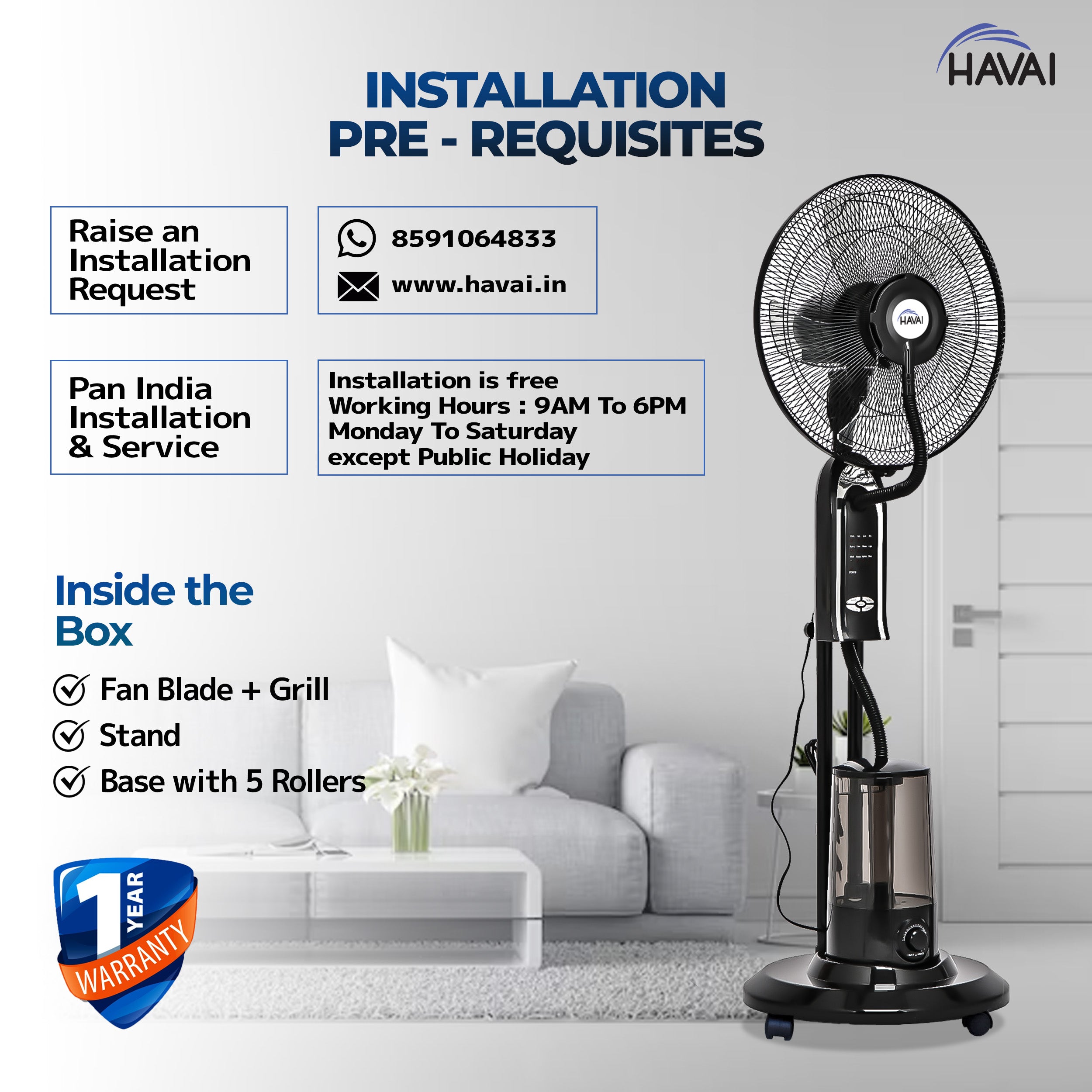 HAVAI RED 18" BLDC Mist Pedestal Fan – High-Speed, Remote & Touch Control, 3.2L Tank, 80W Power, 350 Sq Ft Coverage, Easy Install, Black (Copy)