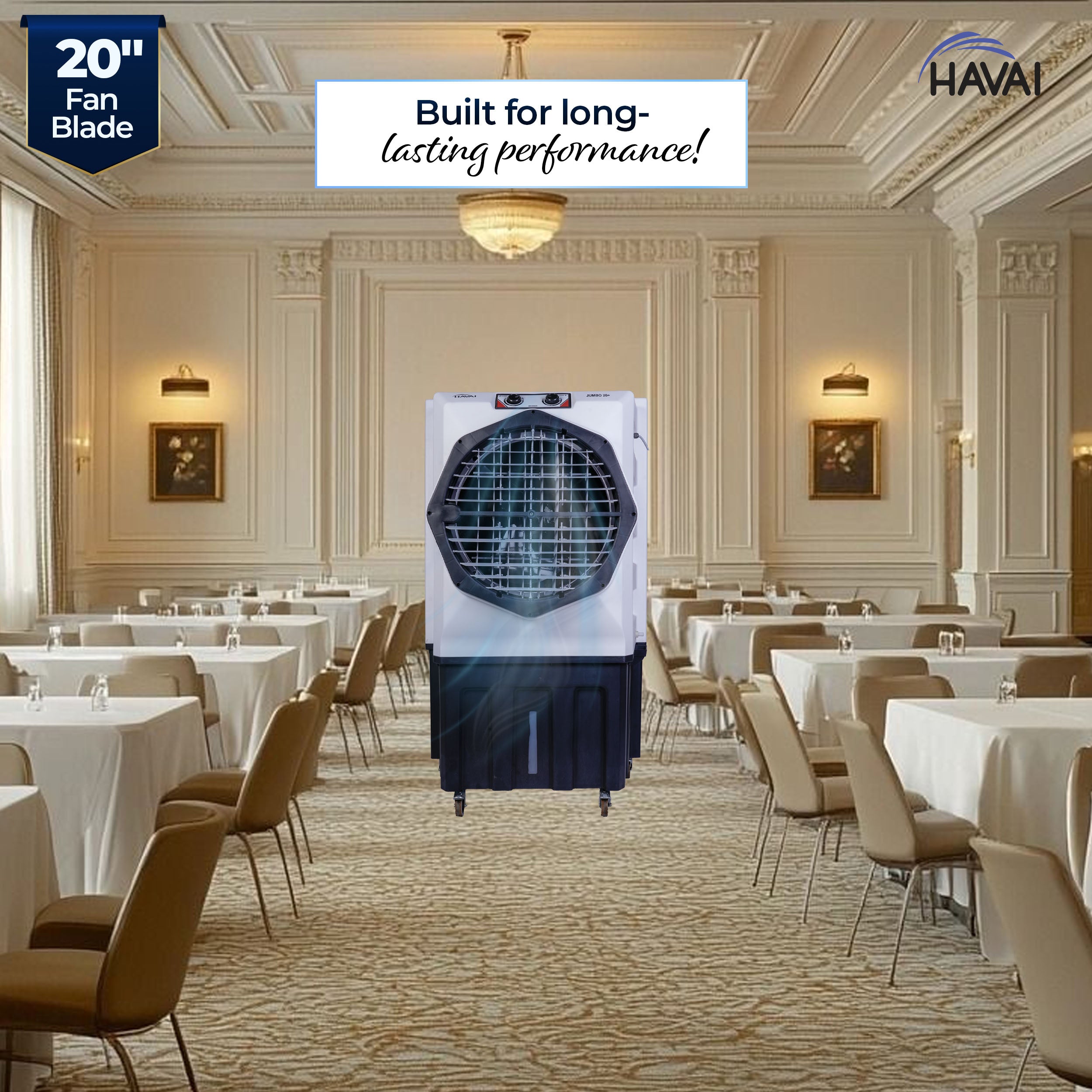 HAVAI Jumbo 20+ Desert Air Cooler for Home & Commercial Use | 20 Inch Aluminium Fan, 150L Tank, 6190 m³/hr Air Delivery | Covers 450 Sq Ft | Honeycomb Pads, Auto Swing Louvers, Wheels | White & Grey