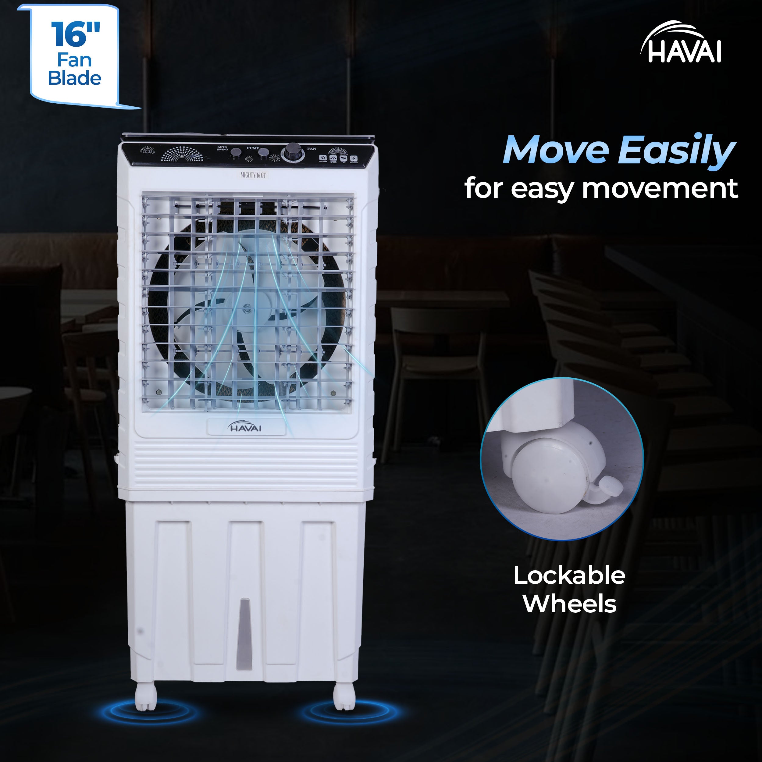 HAVAI Mighty 16 GT Glass Top Desert Air Cooler for Home & Commercial Use | 16 Inch Fan, 100L Tank, 5190 m³/hr Air Delivery | 350 Sq Ft Coverage | Honeycomb Pads, Aluminium Motor, Low Noise | White & Grey