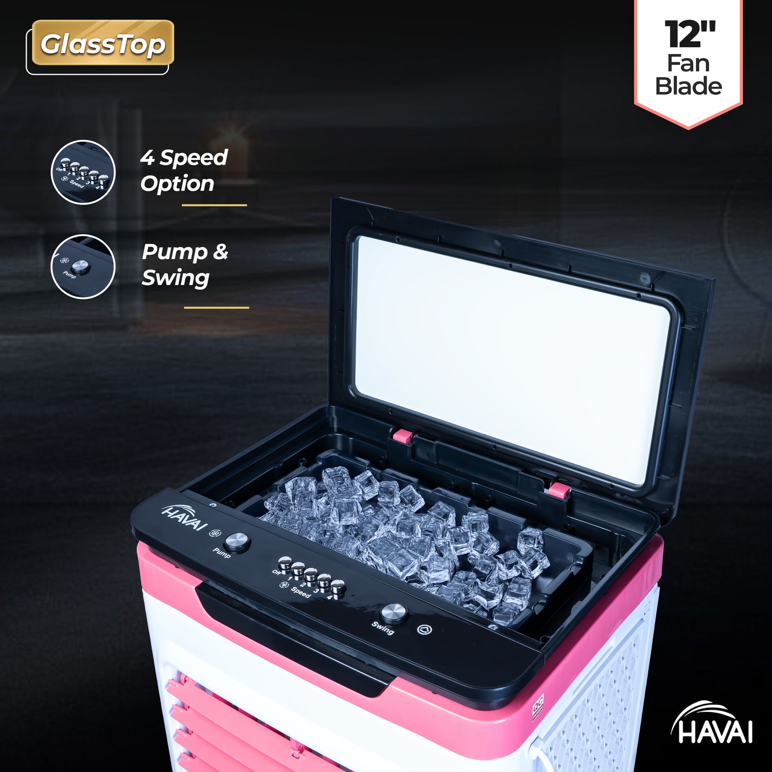 HAVAI Premium Glass Top GT 12 | 12" Fan Blade | 40 Litre Tank Capacity | 160W Power | 15ft Air Throw | 3-Side Honeycomb Cooling | Sleek Glass Top Design | 4 Castor Wheels (PINK)