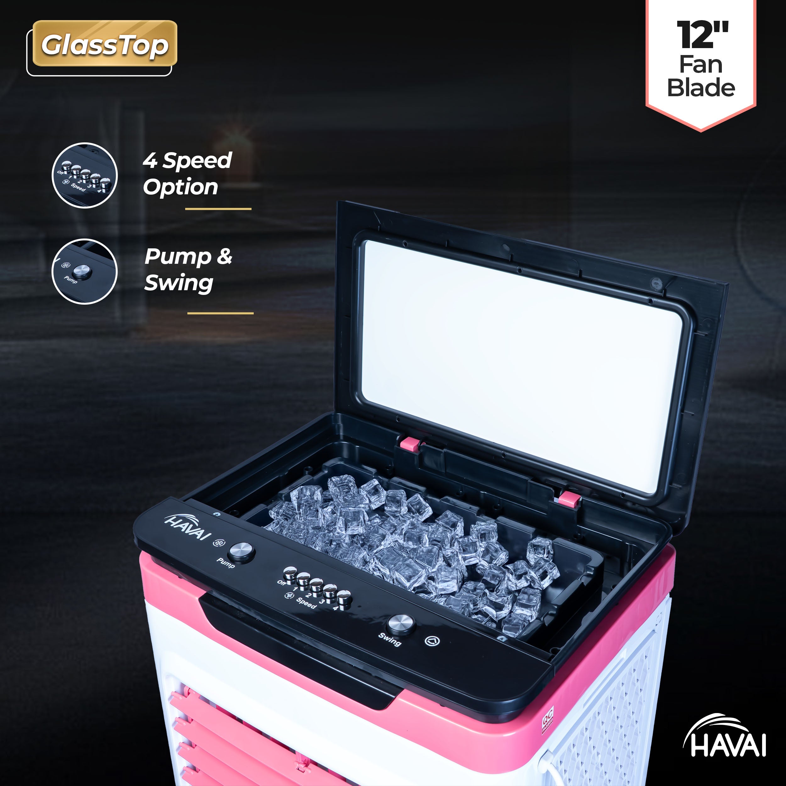 HAVAI Premium Glass Top GT 12 | 12" Fan Blade | 40 Litre Tank Capacity | 160W Power | 15ft Air Throw | 3-Side Honeycomb Cooling | Sleek Glass Top Design | 4 Castor Wheels (PINK)