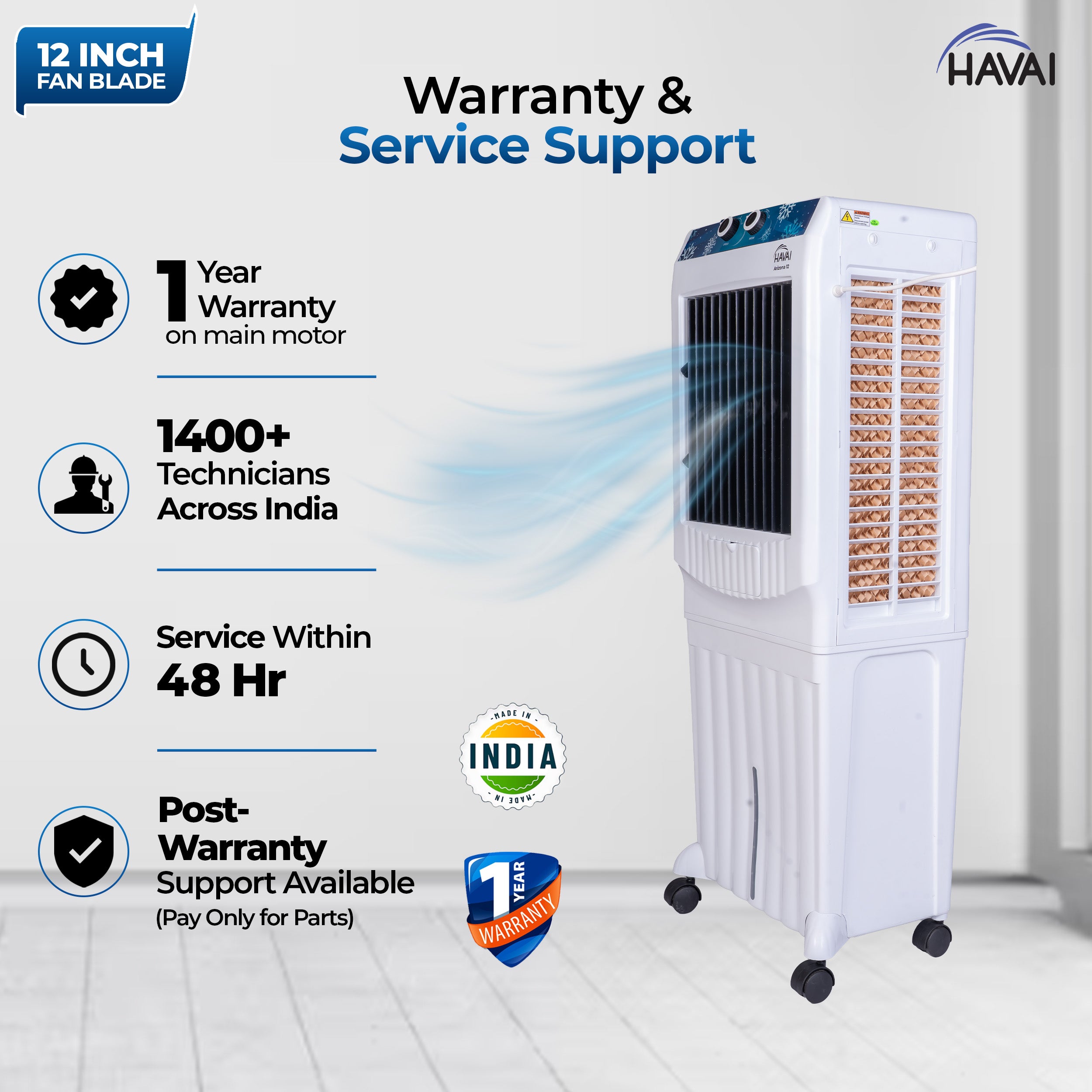 HAVAI Arizona 12 Personal Air Cooler | 12-Inch Fan | 60L Water Tank | Air Throw up to 8 Feet | 2000 m³/hr Air Delivery | 3-Side Honeycomb Pads | Motorised Louvers | Energy Efficient 120W | White