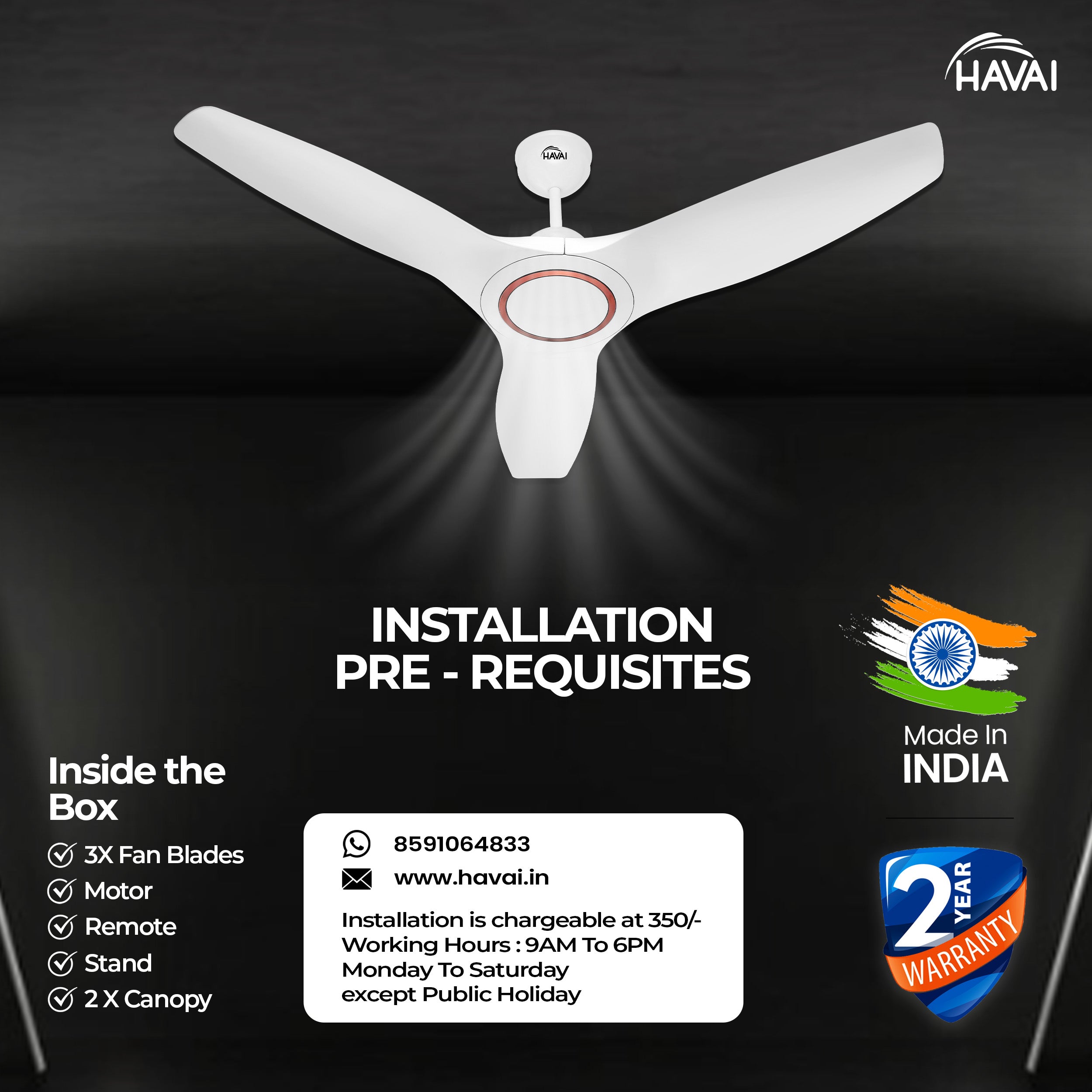 HAVAI Pristine Neo ABS Blade Ceiling Fan | 1200mm, 3 Blades, 27W | Remote Control | 2 Year Warranty | Pearl White