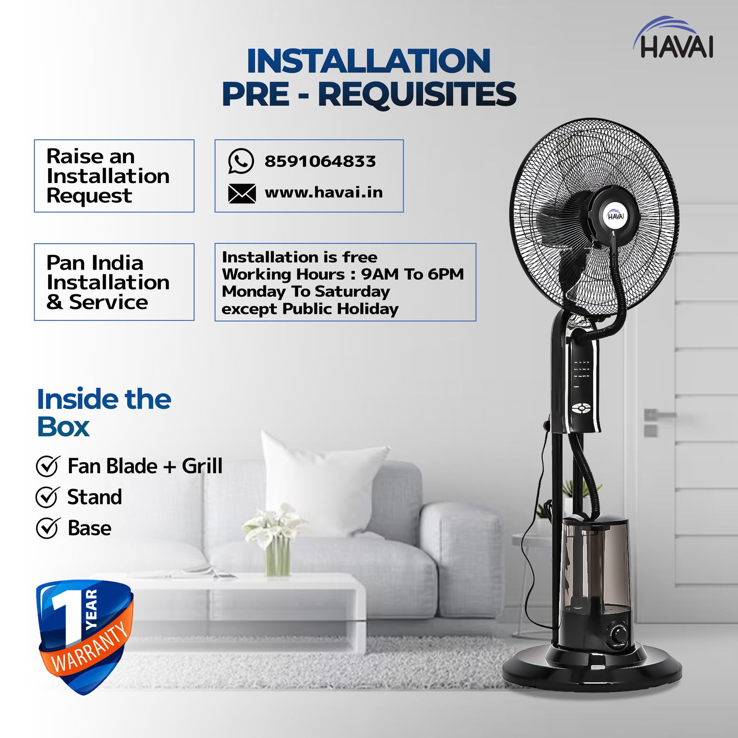 HAVAI RED 18" BLDC Mist Pedestal Fan – High-Speed, Remote & Touch Control, 3.2L Tank, 80W Power, 350 Sq Ft Coverage, Easy Install, Black (Copy)