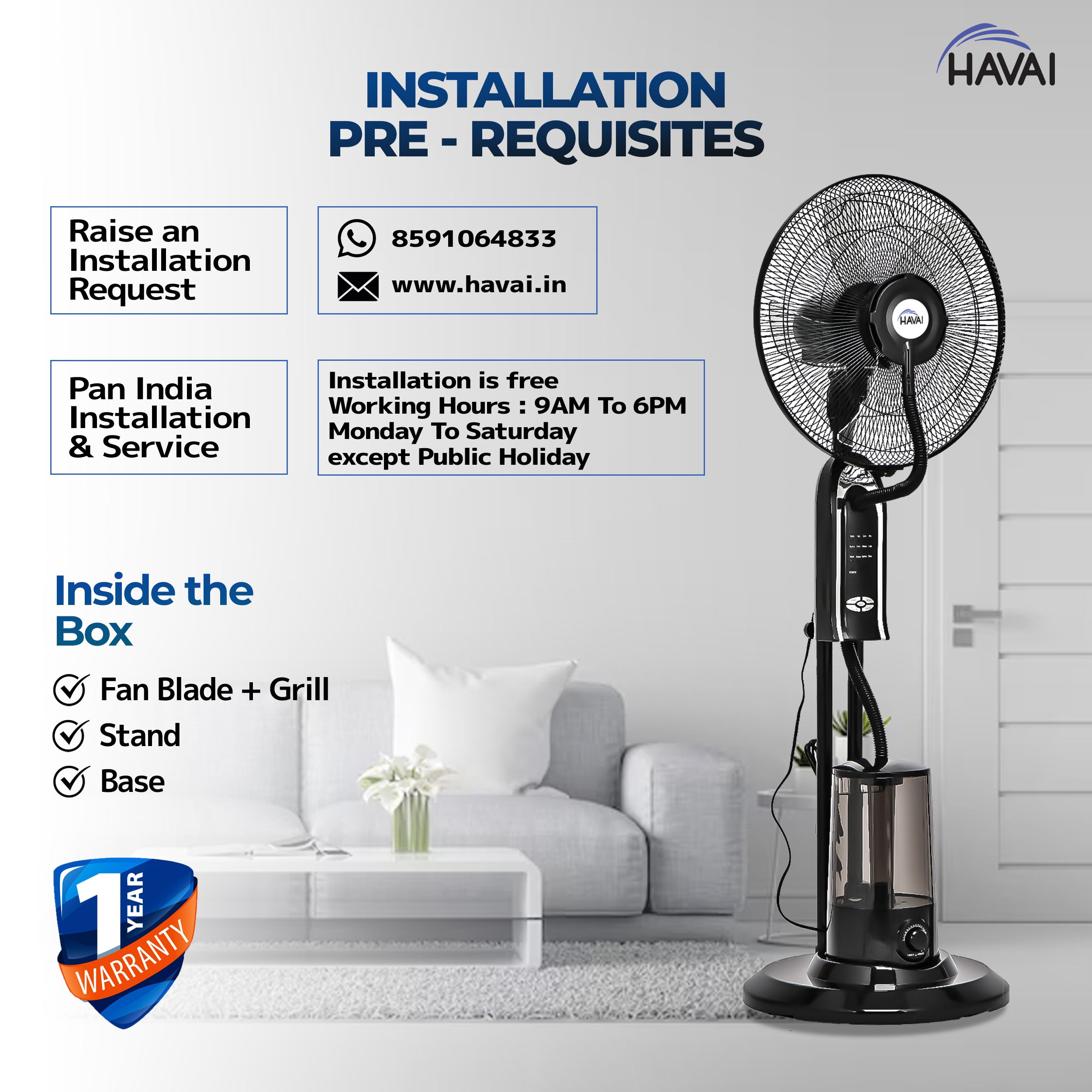 HAVAI RED 18" BLDC Mist Pedestal Fan – High-Speed, Remote & Touch Control, 3.2L Tank, 80W Power, 350 Sq Ft Coverage, Easy Install, Black (Copy)