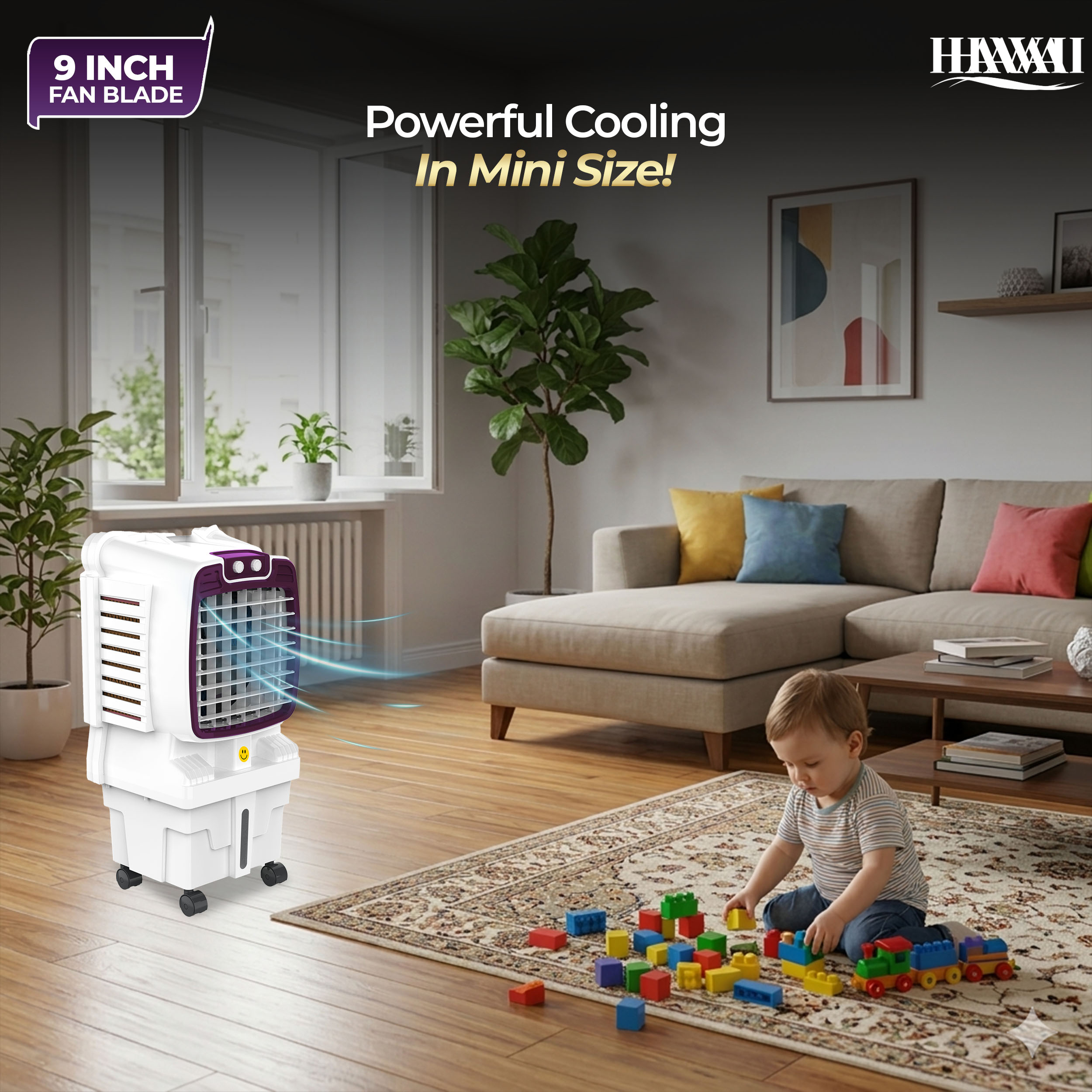 HAVAI Arizona 9 Mini Personal Air Cooler | India’s First 9-Inch Blade Cooler | 2600 RPM | 5 Ft Air Throw | 3-Side Honeycomb | 12L Tank | Motorised Louvers | 120W | Ideal for 50 Sq Ft